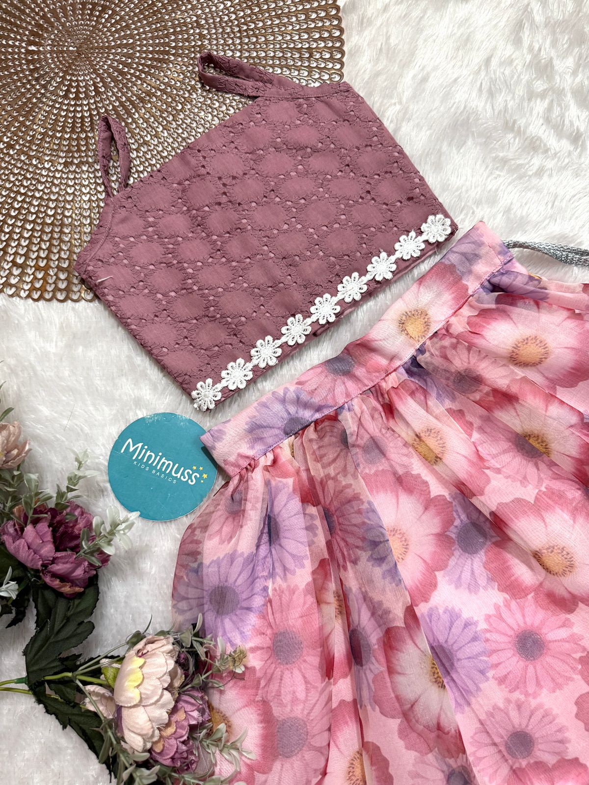 LITTLE PETAL - DC053- MAUVE FLORAL ORGANZA SKIRT SET