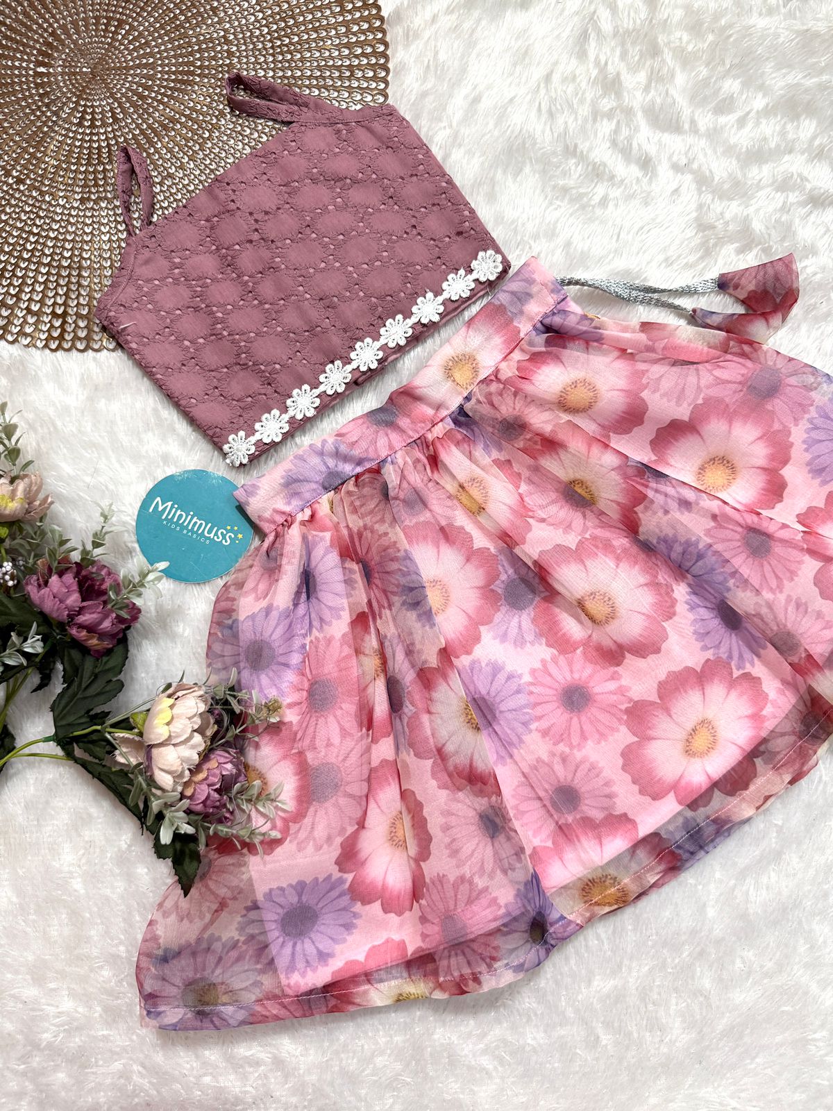 LITTLE PETAL - DC053- MAUVE FLORAL ORGANZA SKIRT SET