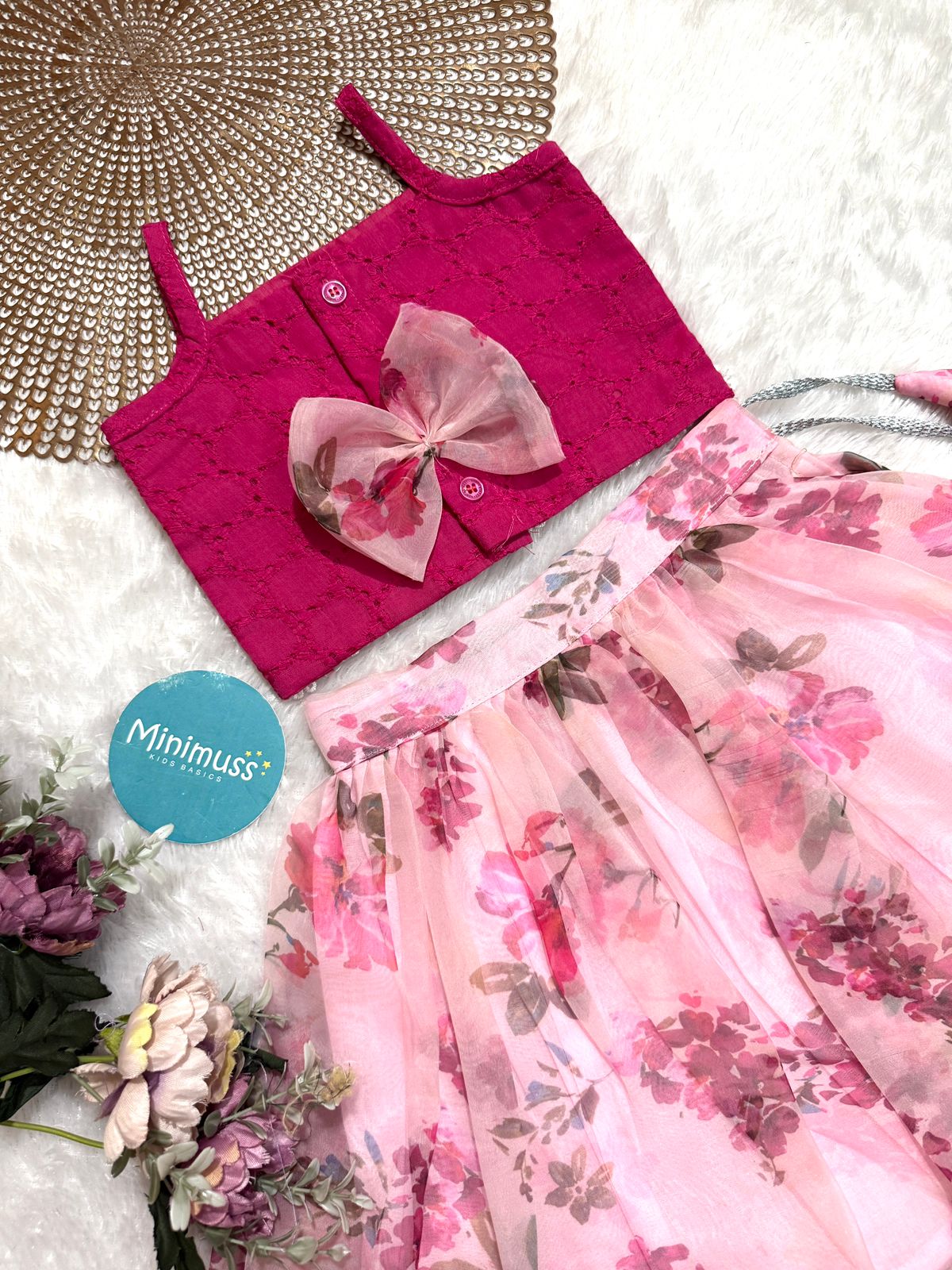 LITTLE PETAL - DC054- PINK FLORAL ORGANZA SKIRT SET