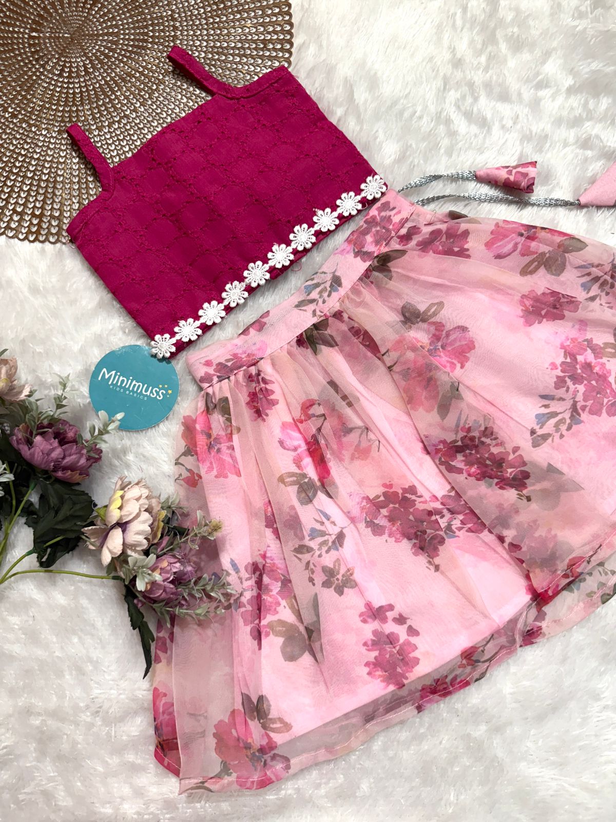 LITTLE PETAL - DC054- PINK FLORAL ORGANZA SKIRT SET