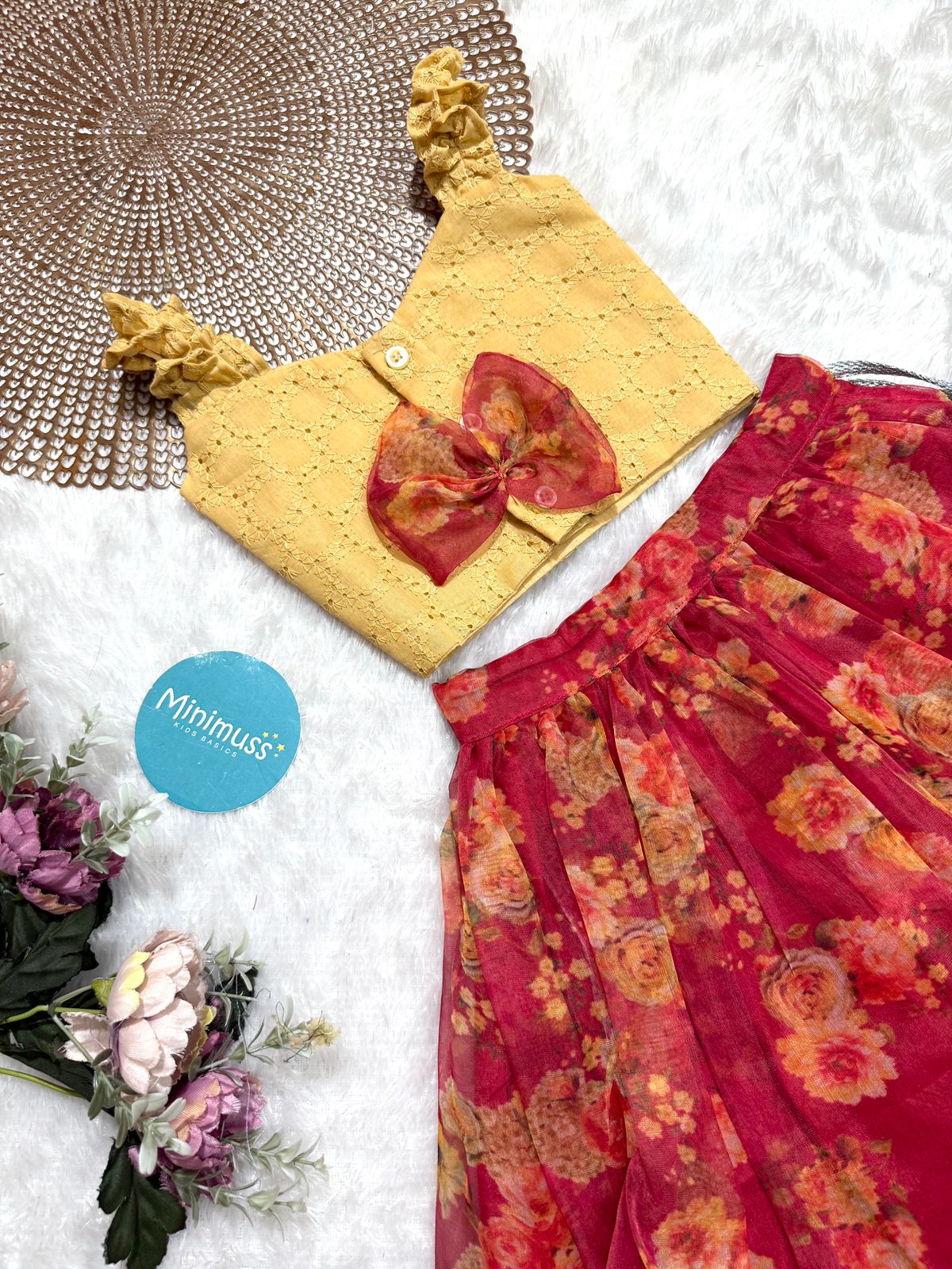 LITTLE PETAL - DC055- RED FLORAL ORGANZA SKIRT SET