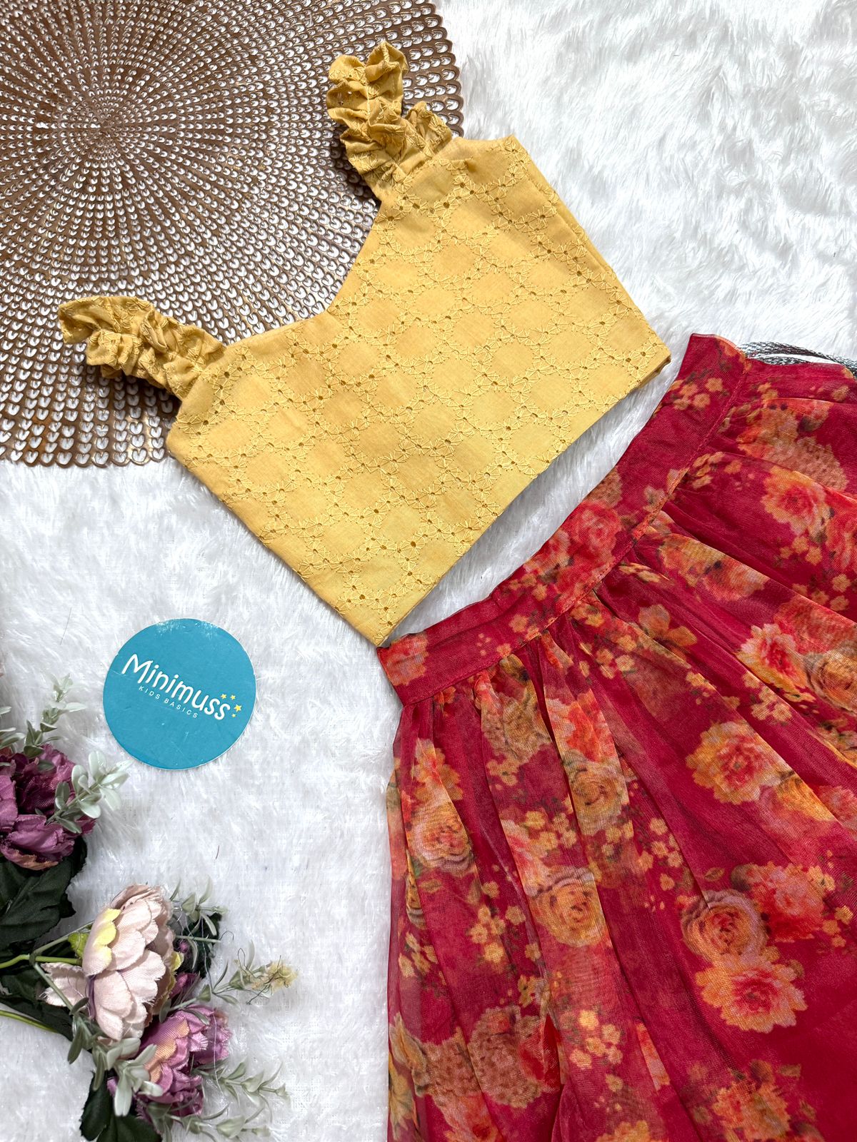 LITTLE PETAL - DC055- RED FLORAL ORGANZA SKIRT SET