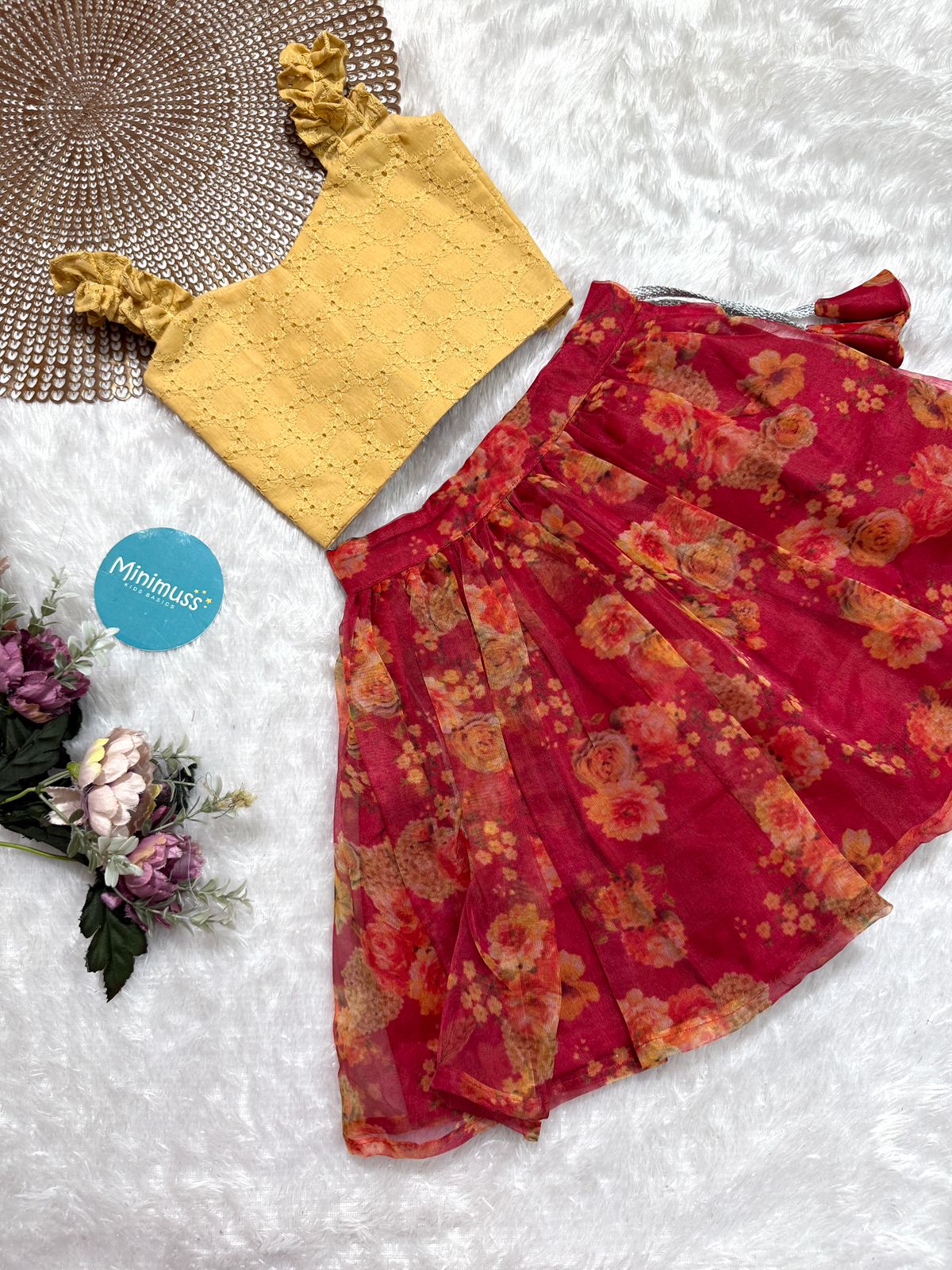 LITTLE PETAL - DC055- RED FLORAL ORGANZA SKIRT SET