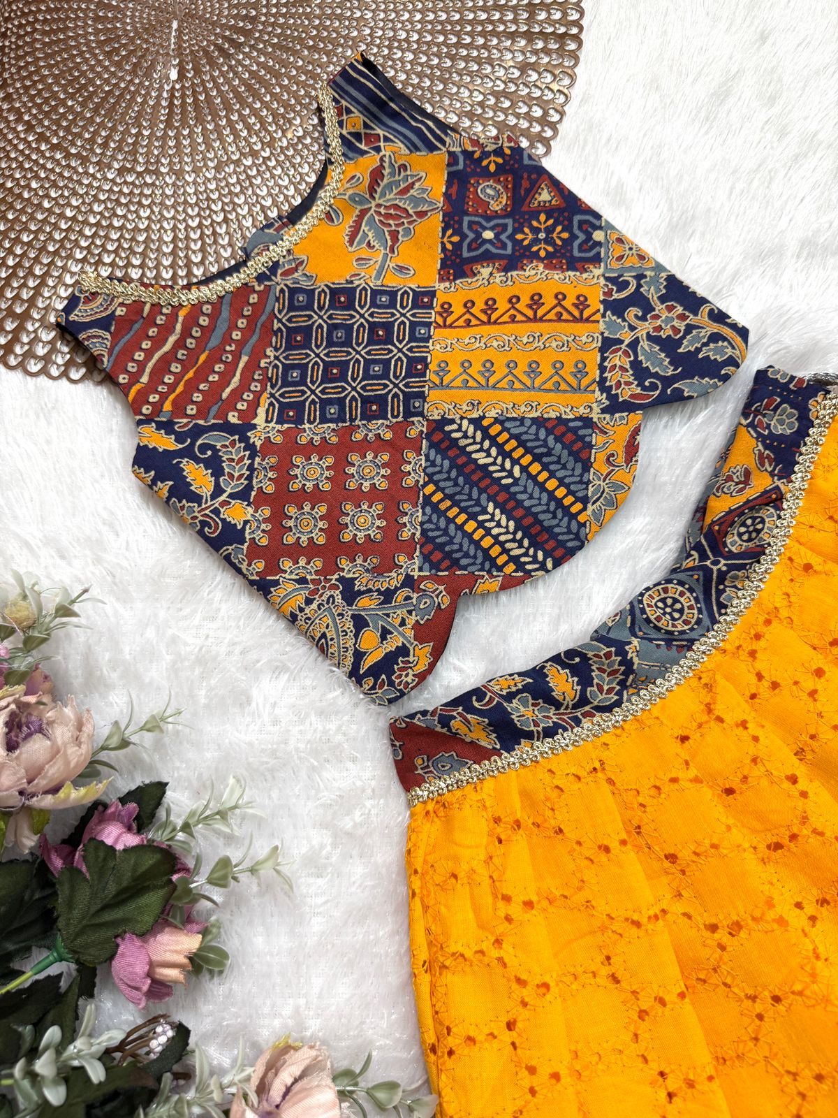 TINY DESI-DC095 YELLOW AJRAKH MULTICOLOR SKIRT SET