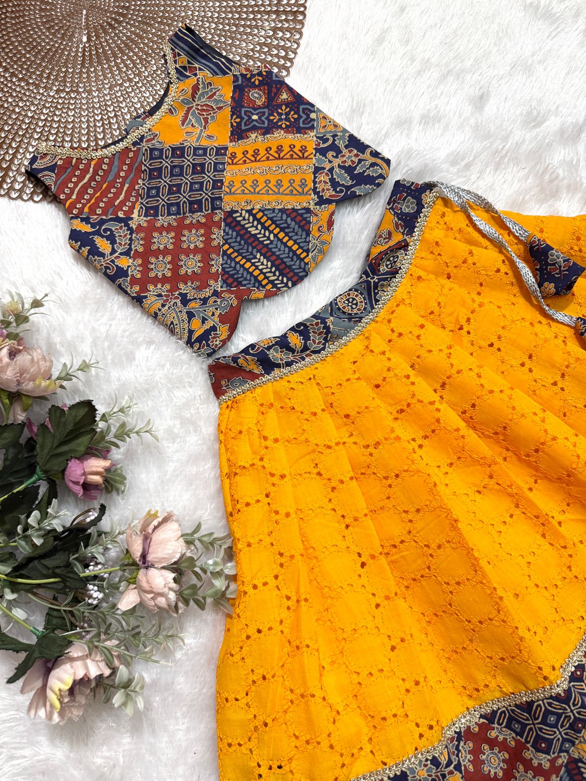 TINY DESI-DC095 YELLOW AJRAKH MULTICOLOR SKIRT SET