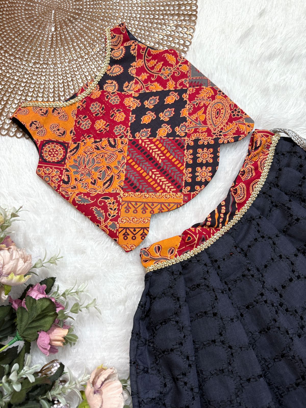 TINY DESI-DC096 NAVY BLUE AJRAKH MULTICOLOR SKIRT SET