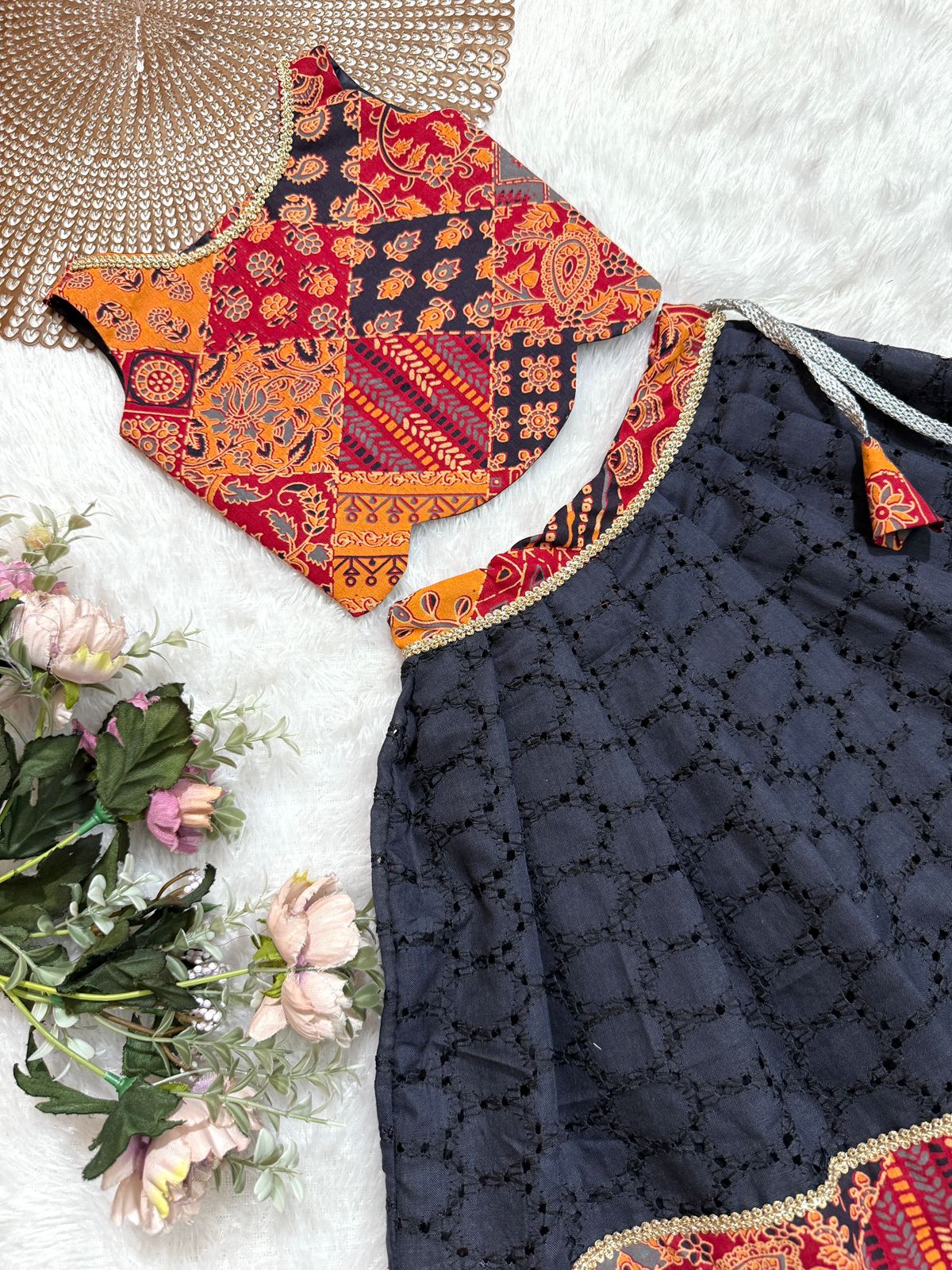 TINY DESI-DC096 NAVY BLUE AJRAKH MULTICOLOR SKIRT SET