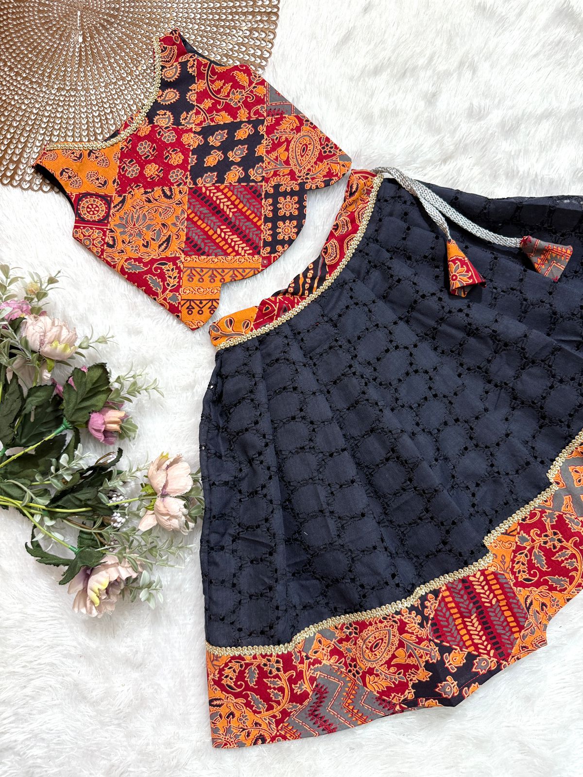 TINY DESI-DC096 NAVY BLUE AJRAKH MULTICOLOR SKIRT SET