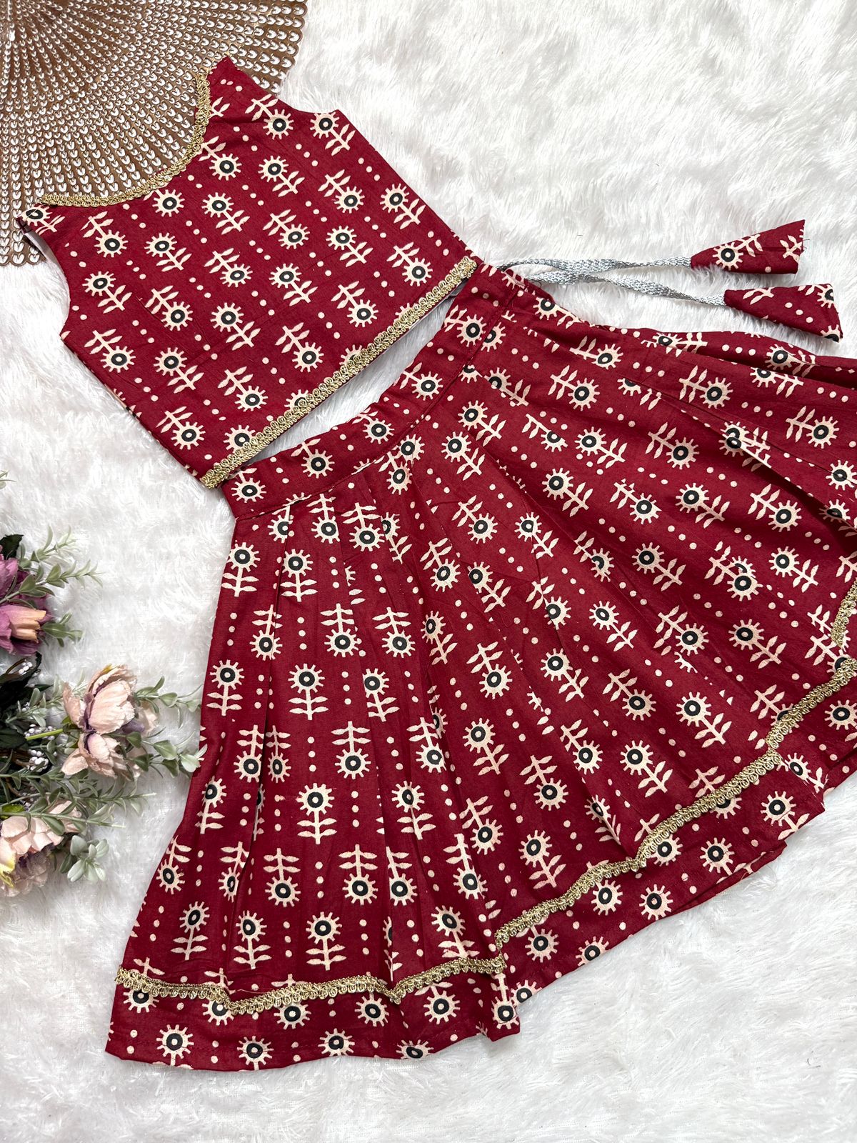 TINY DESI-DC0100 MAROON FLORAL AJRAKH SKIRT SET