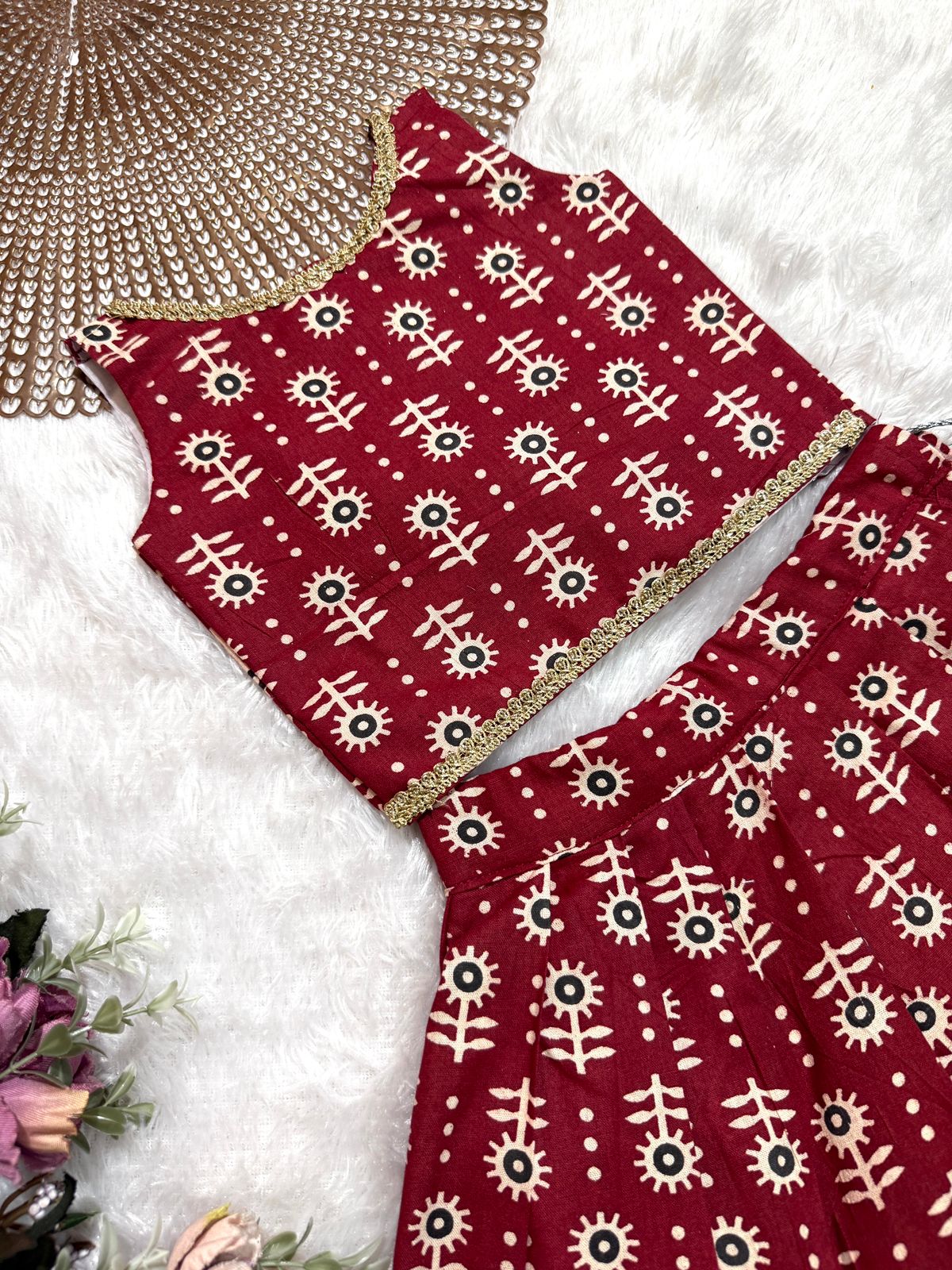 TINY DESI-DC0100 MAROON FLORAL AJRAKH SKIRT SET