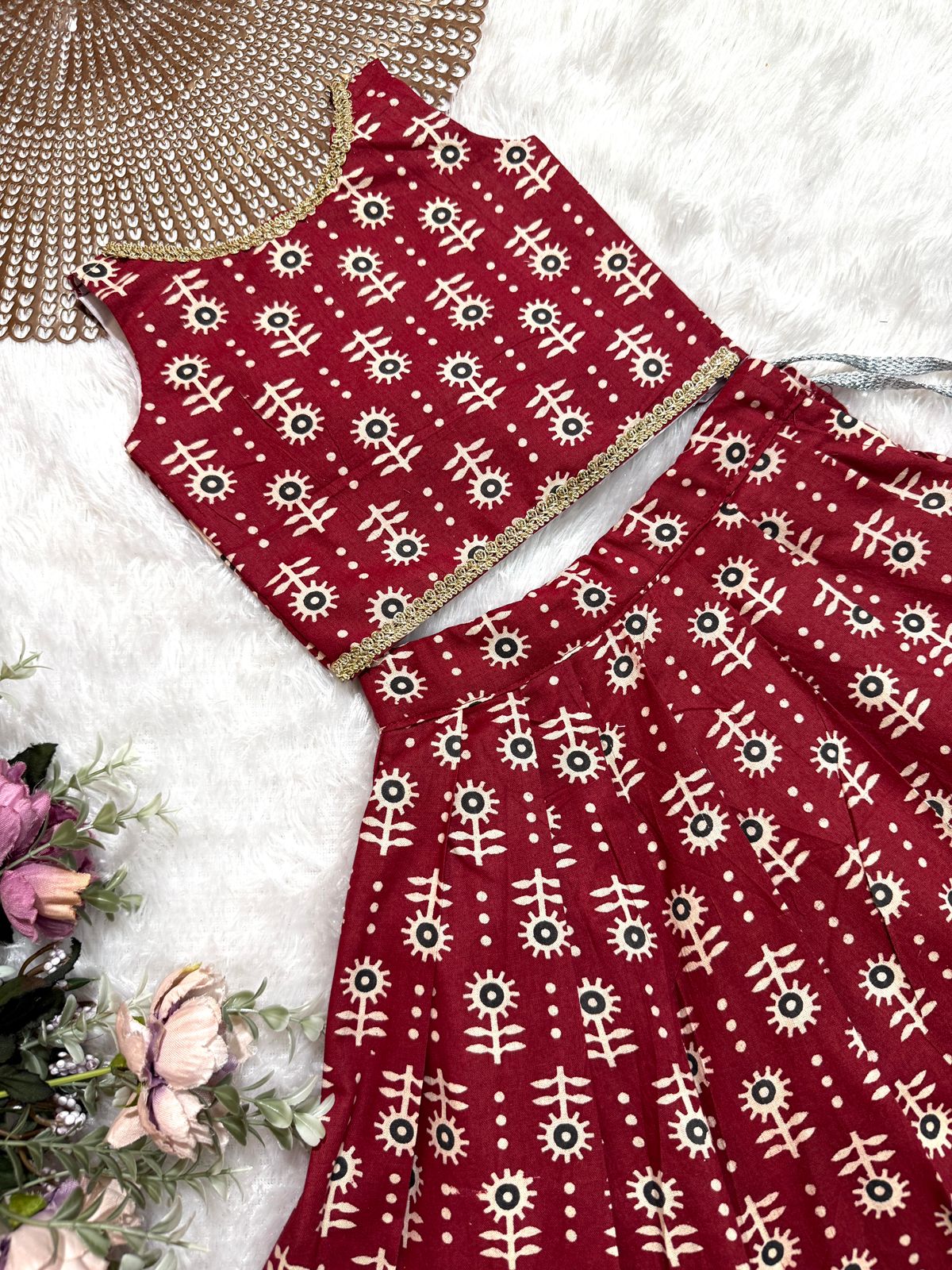 TINY DESI-DC0100 MAROON FLORAL AJRAKH SKIRT SET