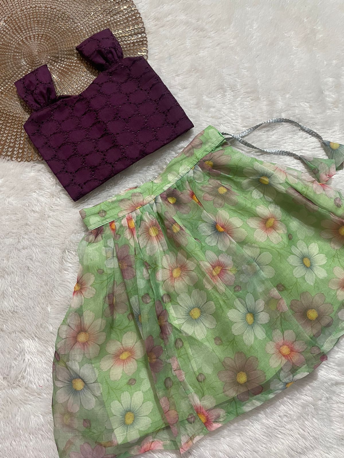 LITTLE PETAL -DC058-GREEN PURPLE ORGANZA SKIRT SET