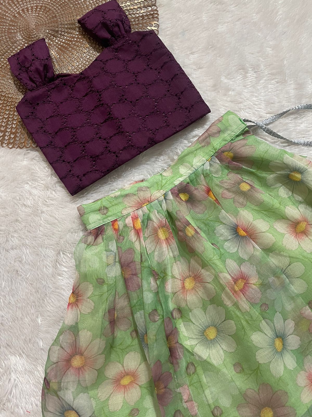 LITTLE PETAL -DC058-GREEN PURPLE ORGANZA SKIRT SET