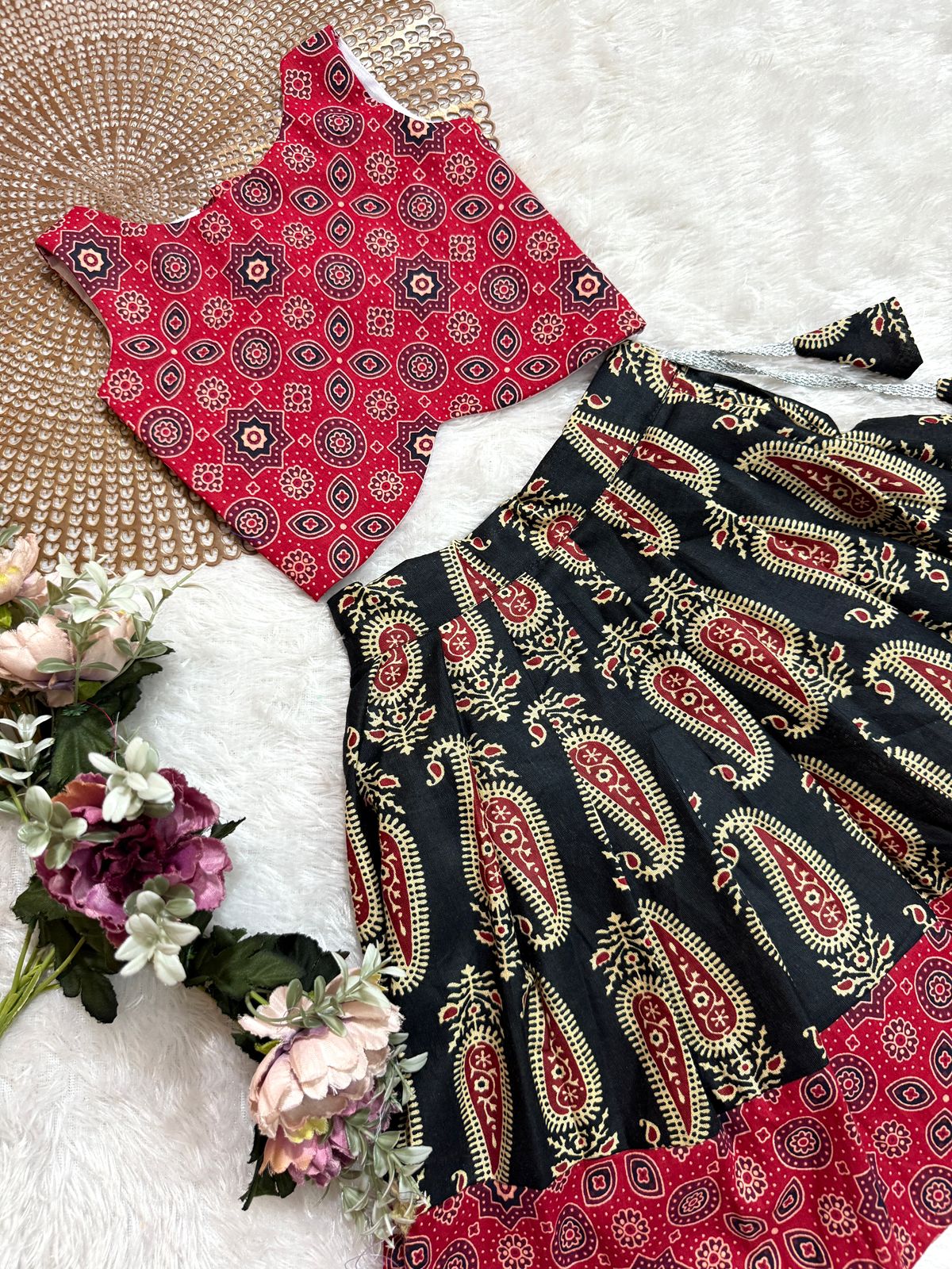 TINY DESI-DC123 RED BLACK  AJRAKH SKIRT SET