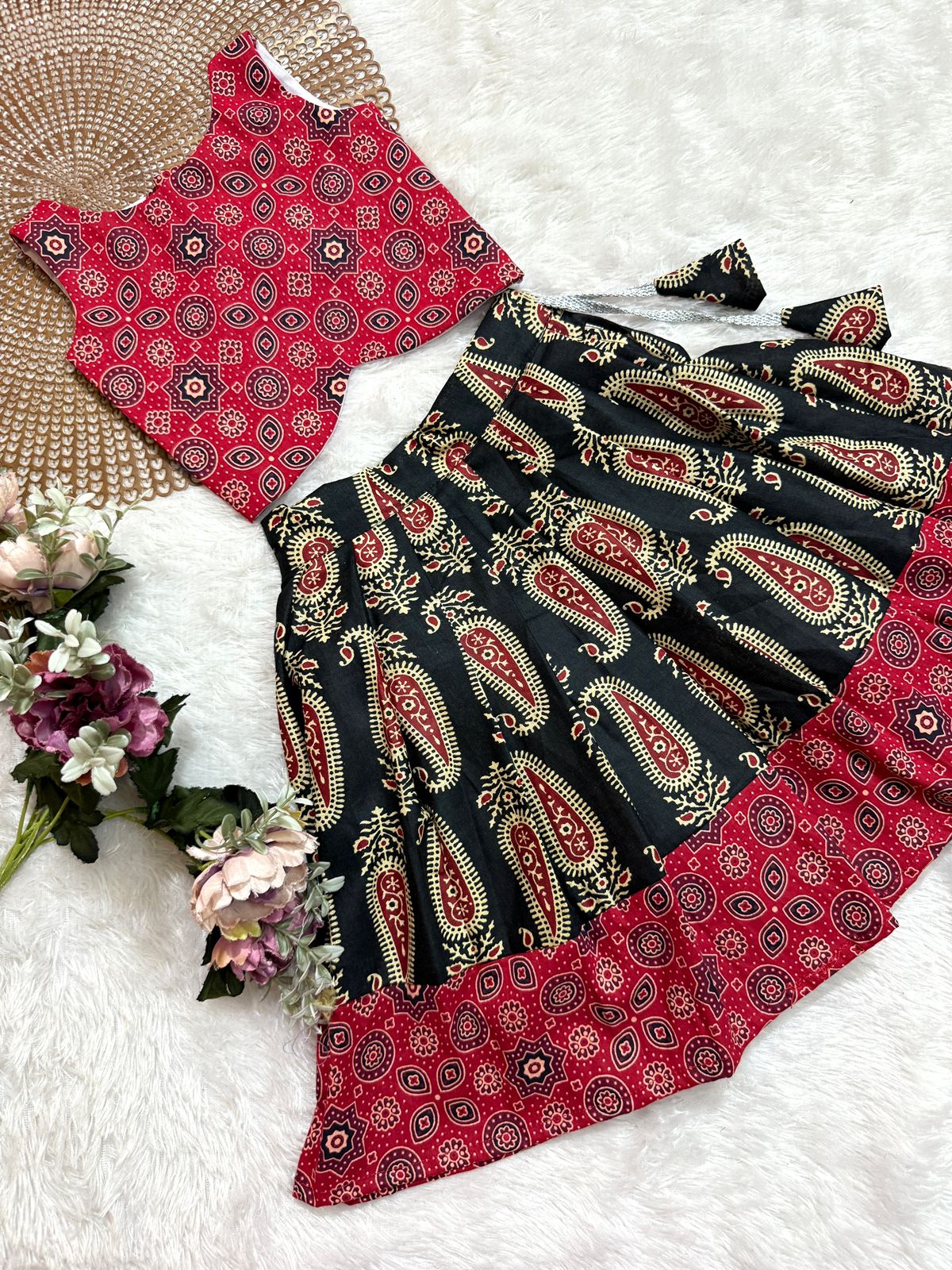 TINY DESI-DC123 RED BLACK  AJRAKH SKIRT SET