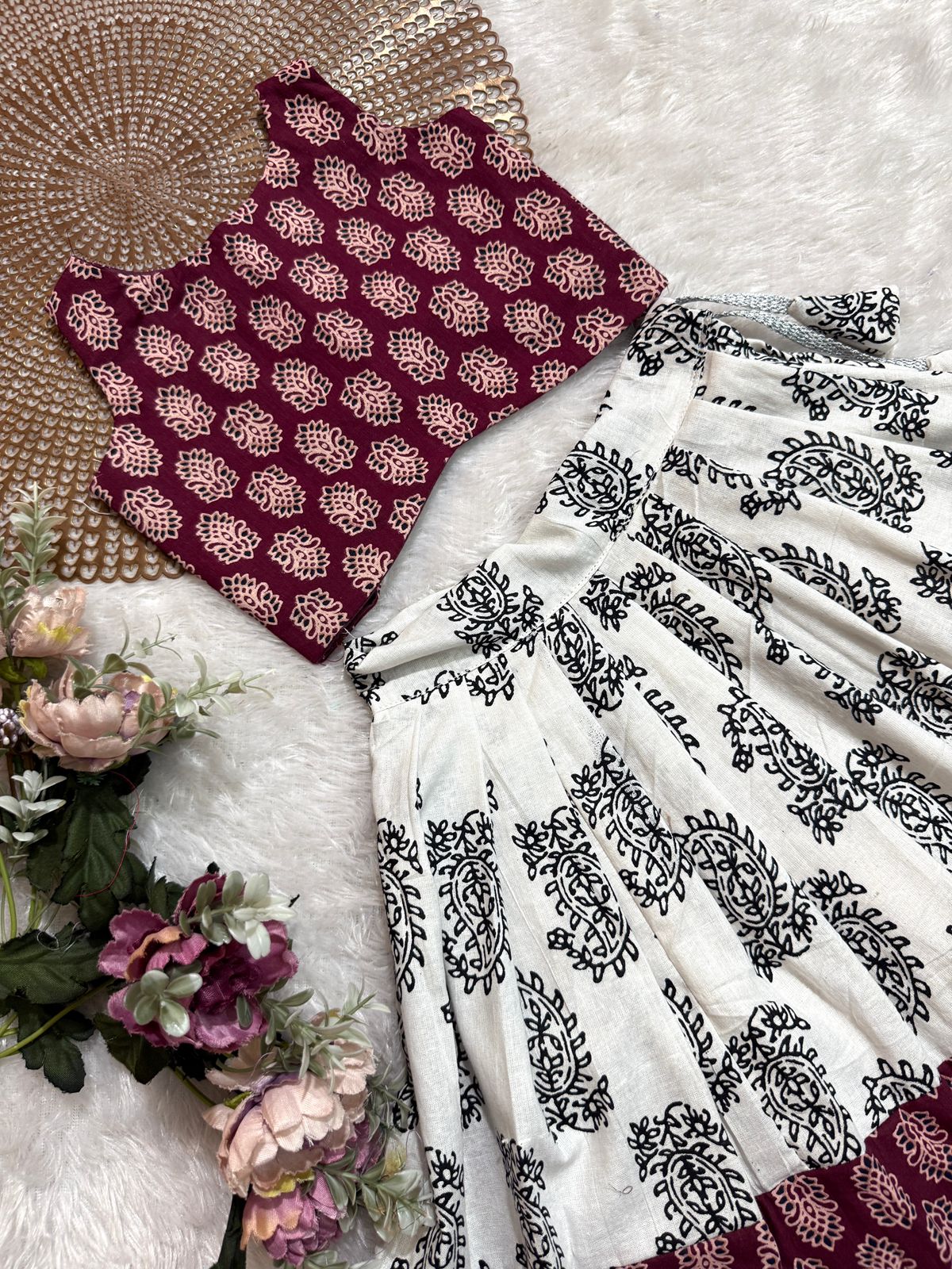 TINY DESI-DC124 WINE WHITE  AJRAKH SKIRT SET