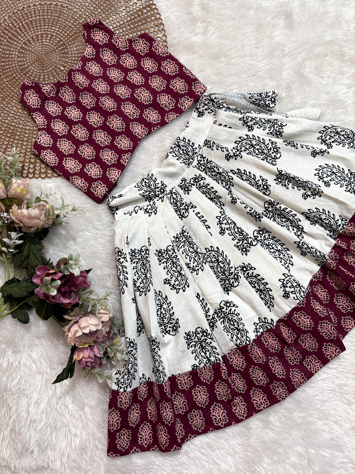 TINY DESI-DC124 WINE WHITE  AJRAKH SKIRT SET