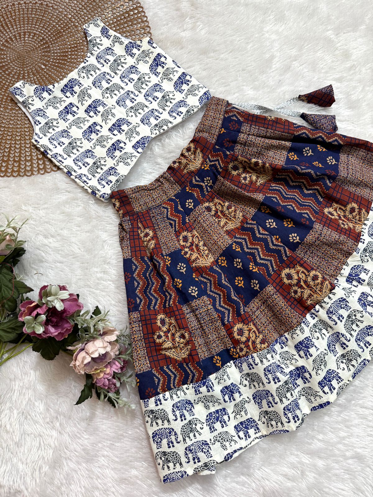 TINY DESI-DC122 NAVY BLUE ELEPHANT AJRAKH SKIRT SET