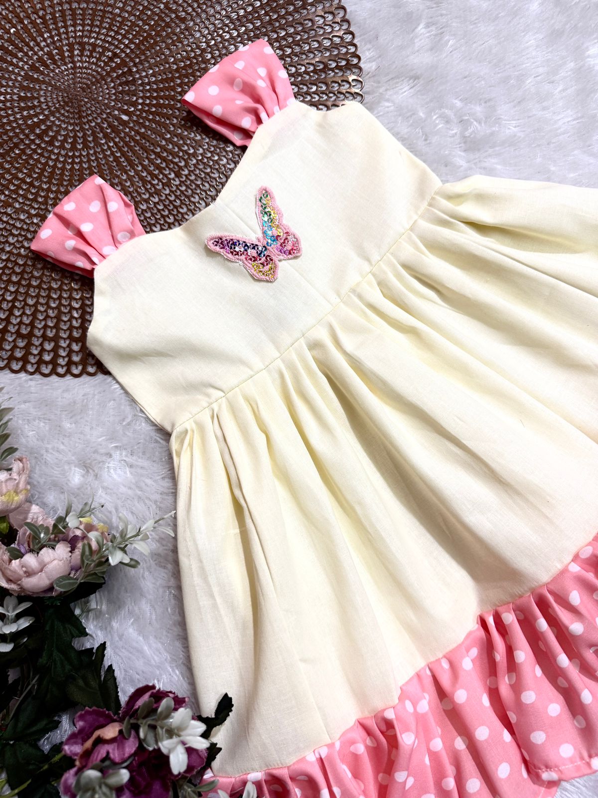 LITTLE WINGS - DC126 PEACH POLKA BUTTERFLY FROCK
