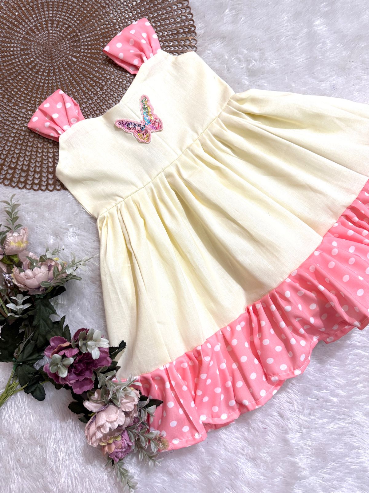 LITTLE WINGS - DC126 PEACH POLKA BUTTERFLY FROCK