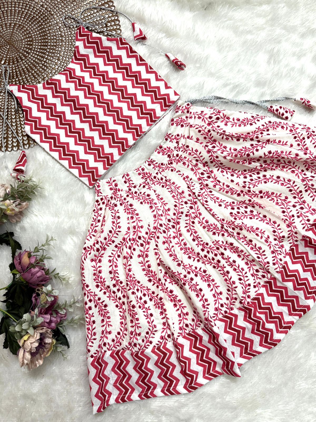 GLOW &FLOW - CP003- RED WHITE KNOTTED SKIRT SET