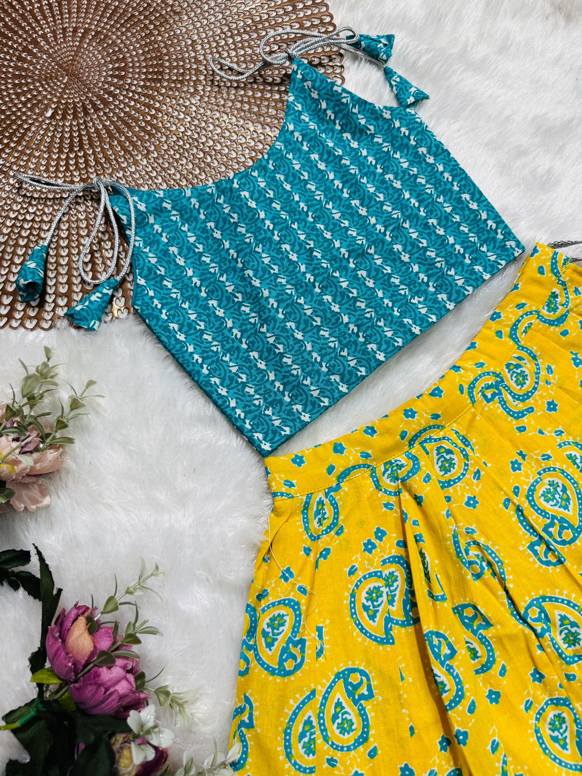 GLOW & FLOW -CP006-YELLOW BLUE KNOTTED SKIRT SET