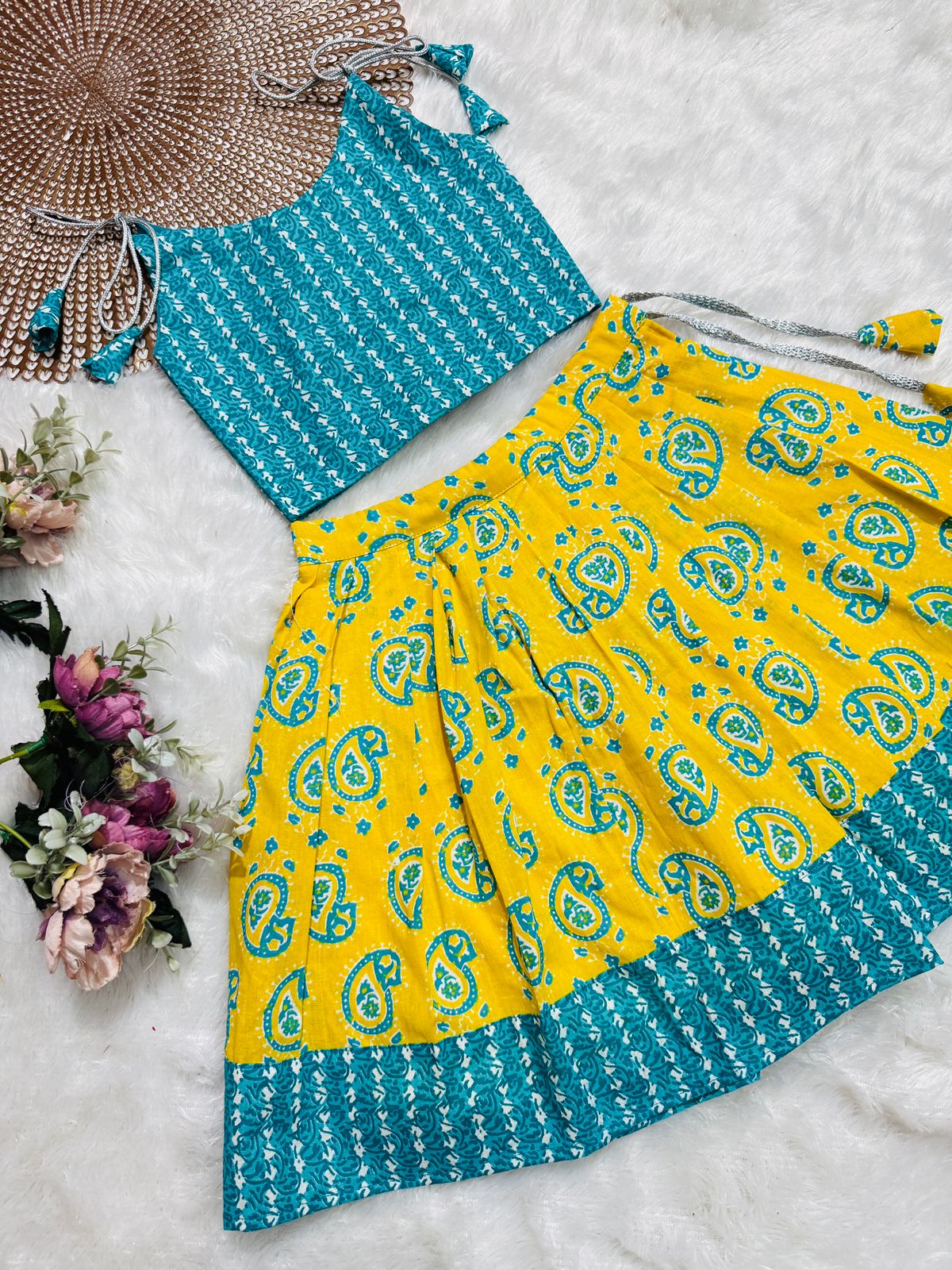 GLOW & FLOW -CP006-YELLOW BLUE KNOTTED SKIRT SET