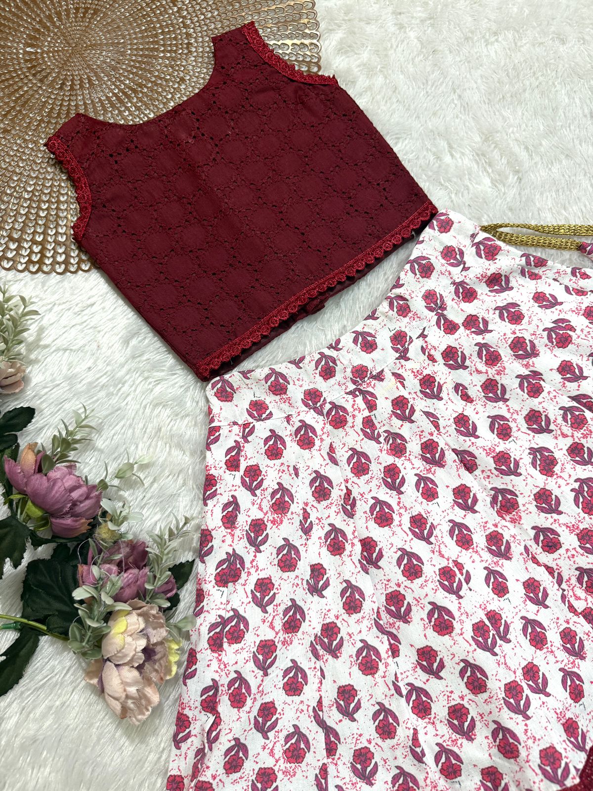 GLOW & FLOW -CP016 MAROON WHITE  SKIRT SET