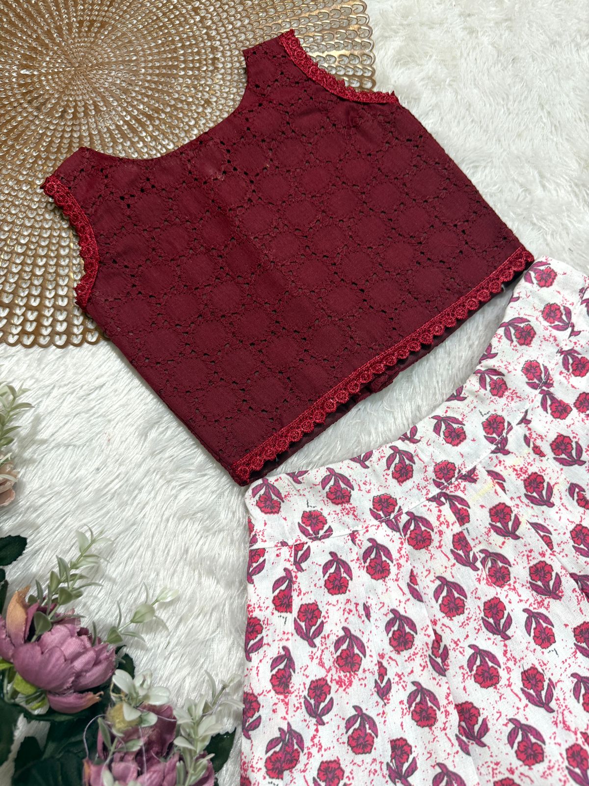 GLOW & FLOW -CP016 MAROON WHITE  SKIRT SET