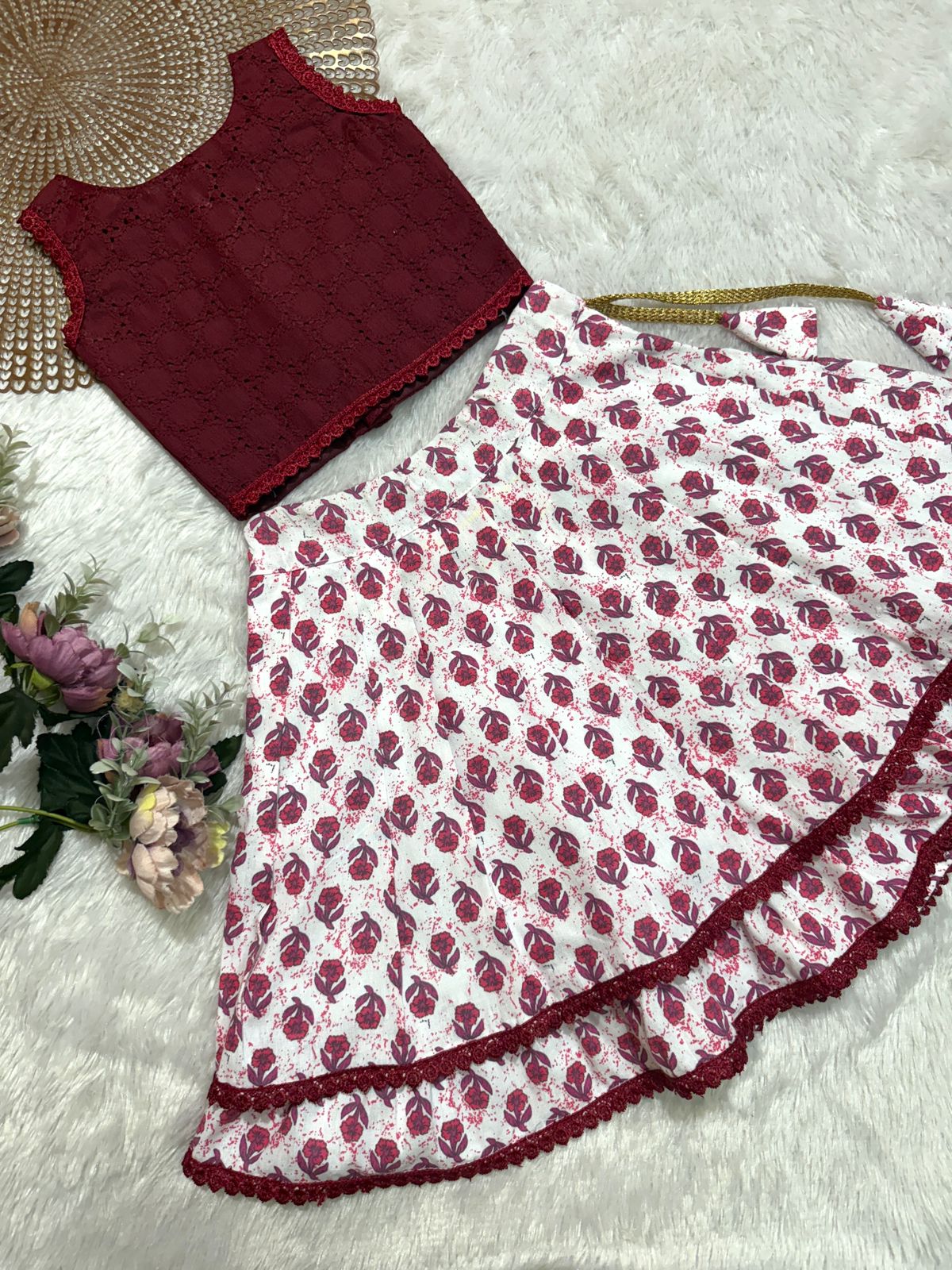 GLOW & FLOW -CP016 MAROON WHITE  SKIRT SET