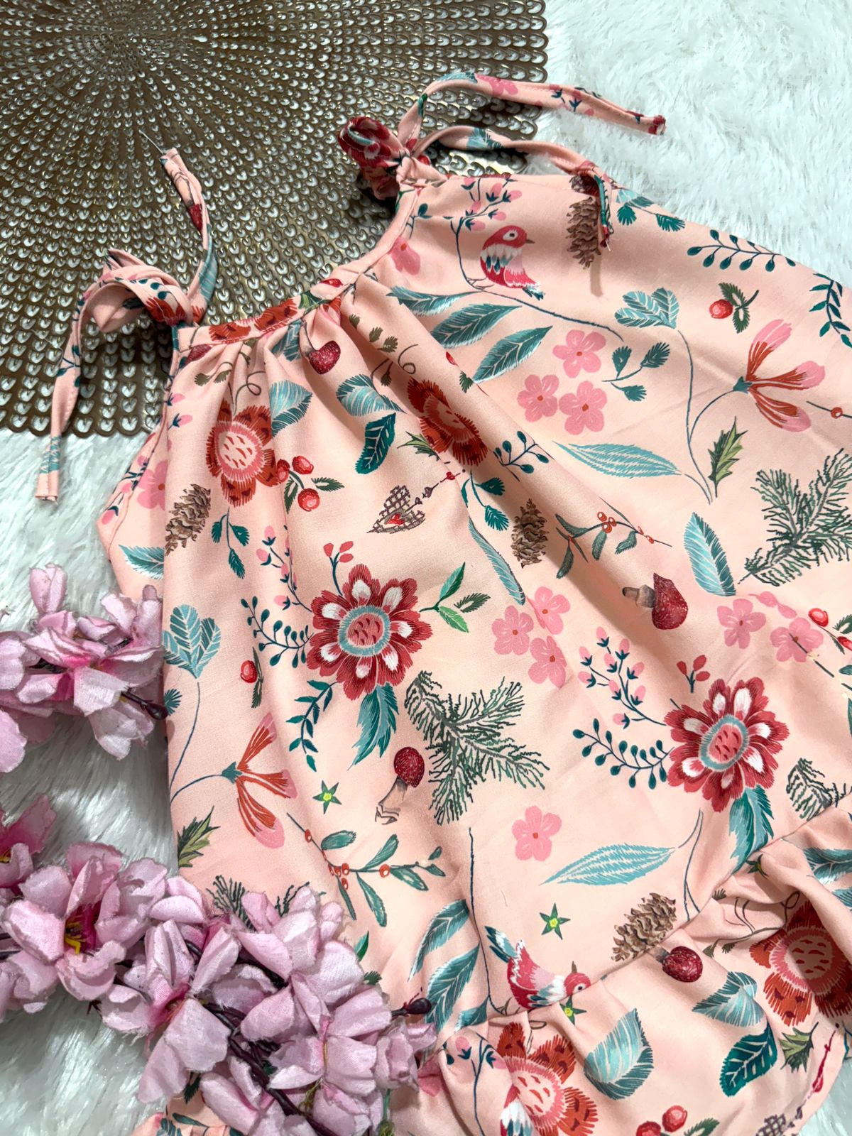 MINI GLOW- CP019 PEACH FLORAL KNOTTED FROCK