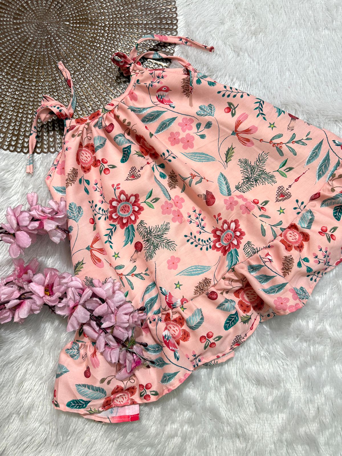 MINI GLOW- CP019 PEACH FLORAL KNOTTED FROCK