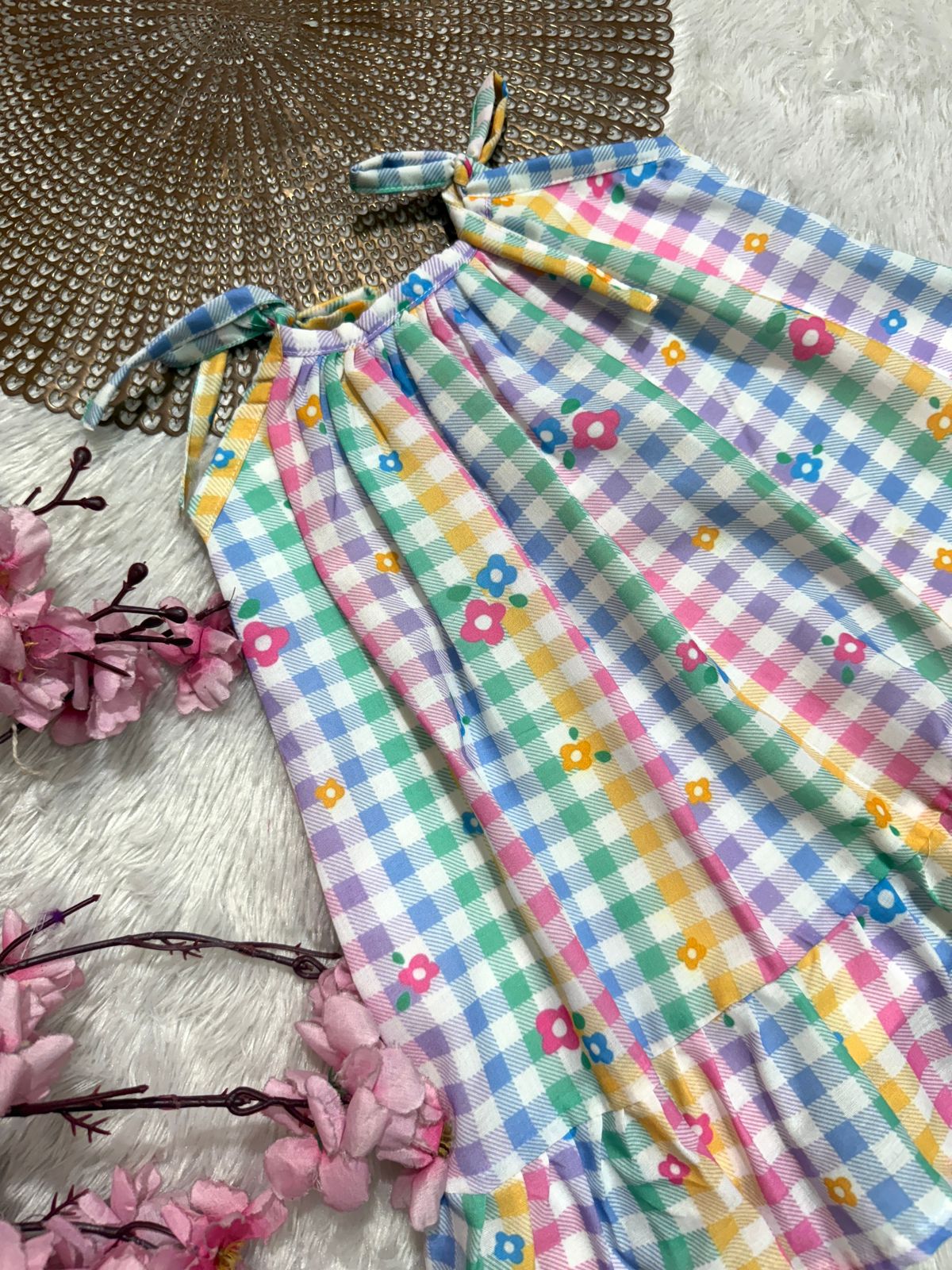 MINI GLOW- CP018 WHITE MULTI COLOR CHECKED KNOTTED FROCK