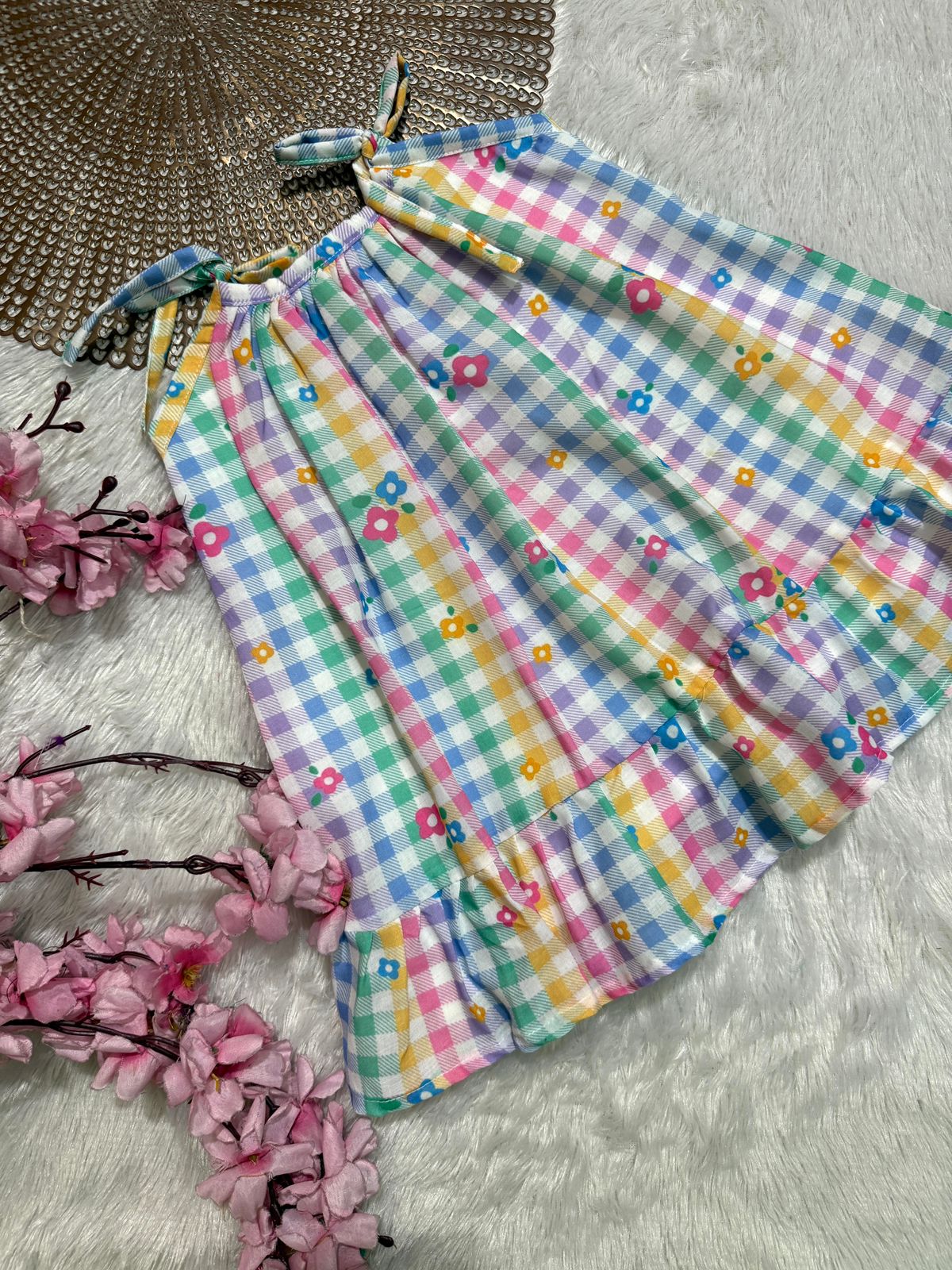 MINI GLOW- CP018 WHITE MULTI COLOR CHECKED KNOTTED FROCK