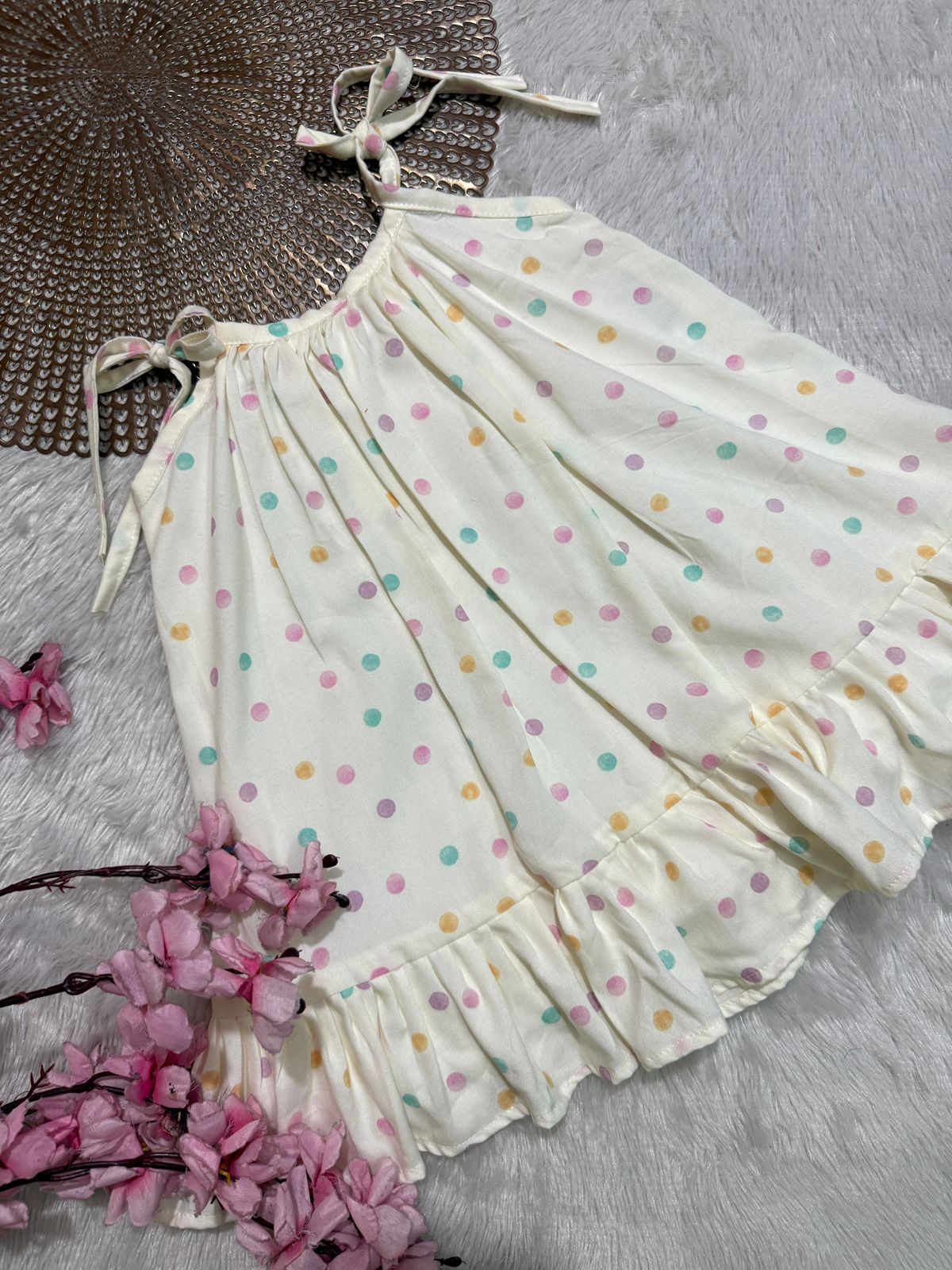 MINI GLOW- CP017 CREAM MULTI COLOR POLKA KNOTTED FROCK