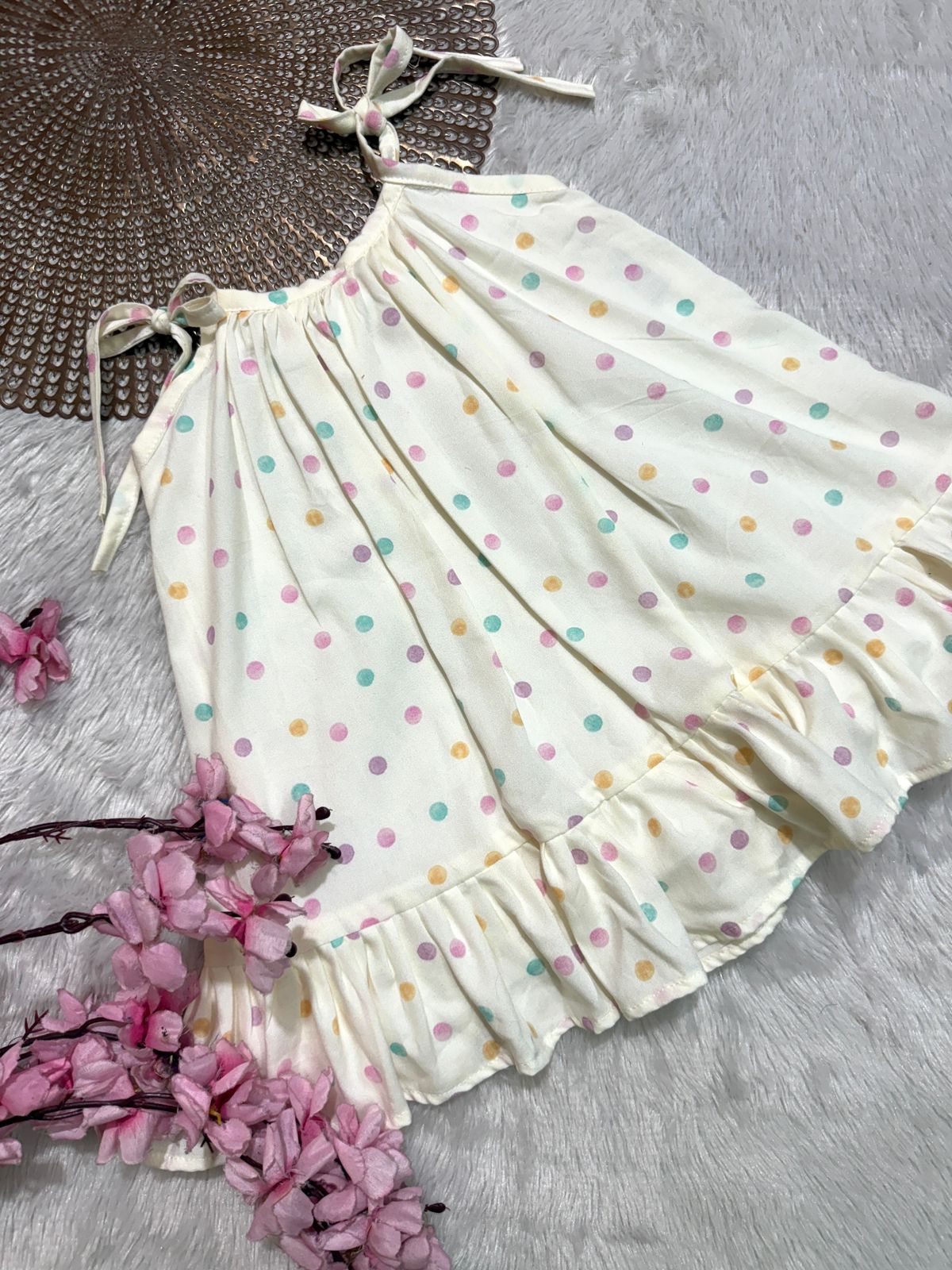MINI GLOW- CP017 CREAM MULTI COLOR POLKA KNOTTED FROCK