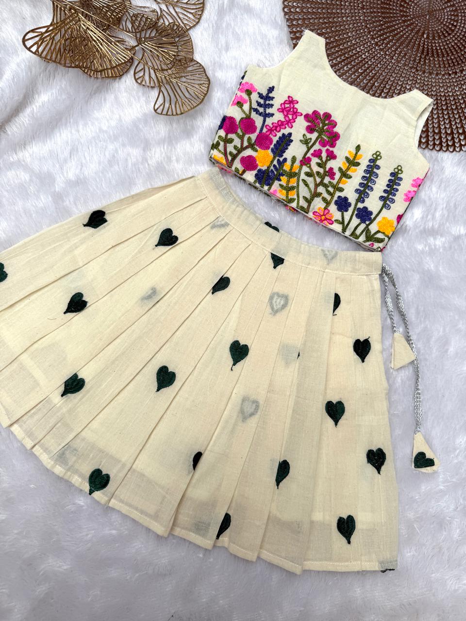 MINI ONAM- CP027-PINK GREEN FLORAL EMBROIDERED SKIRT SET