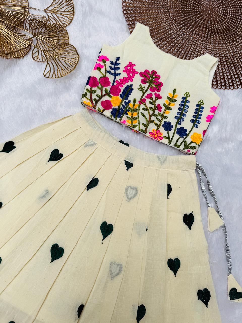 MINI ONAM- CP027-PINK GREEN FLORAL EMBROIDERED SKIRT SET