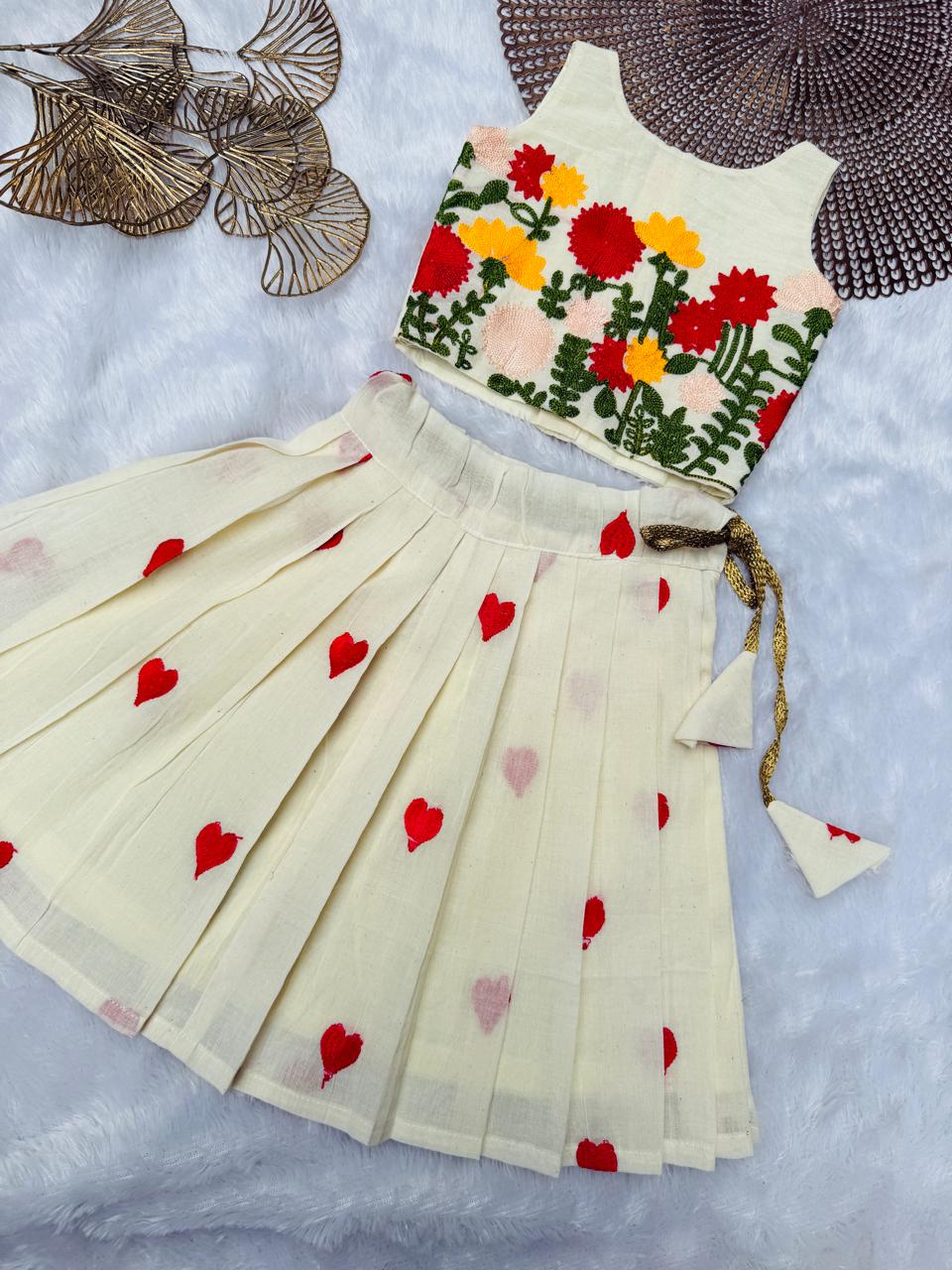 MINI ONAM- CP025- RED YELLOW FLORAL EMBROIDERED SKIRT SET