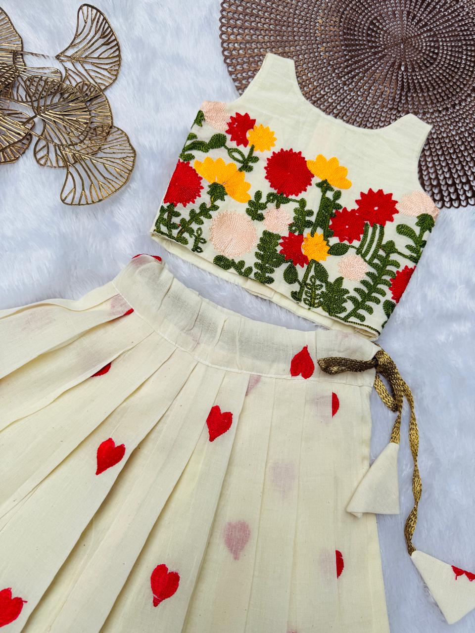 MINI ONAM- CP025- RED YELLOW FLORAL EMBROIDERED SKIRT SET