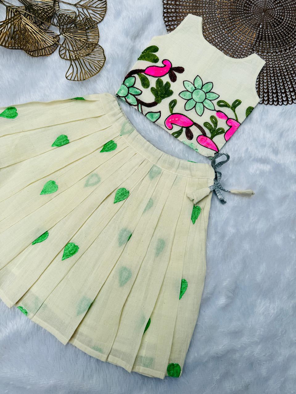 MINI ONAM- CP026-GREEN FLORAL EMBROIDERED SKIRT SET