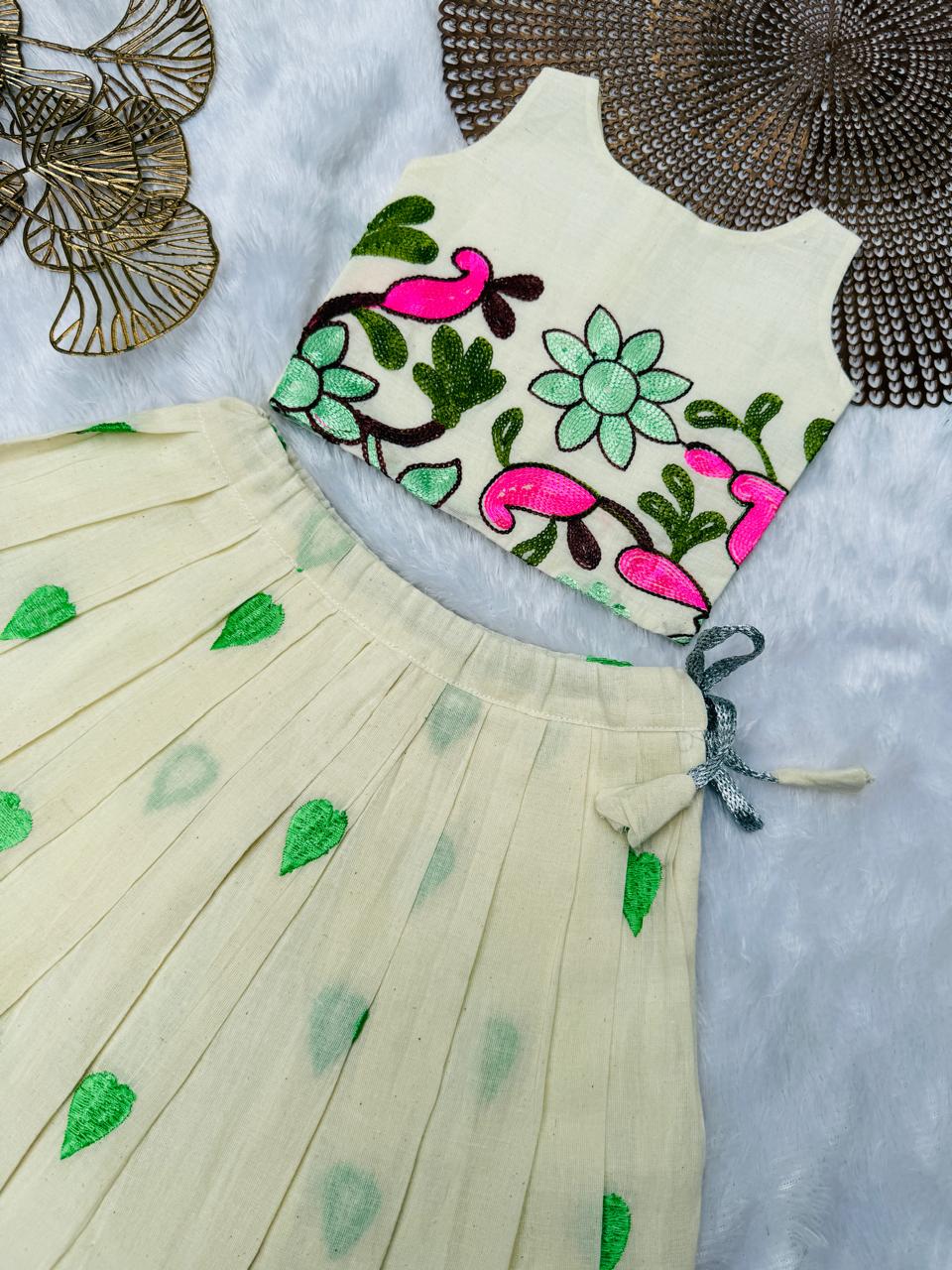MINI ONAM- CP026-GREEN FLORAL EMBROIDERED SKIRT SET