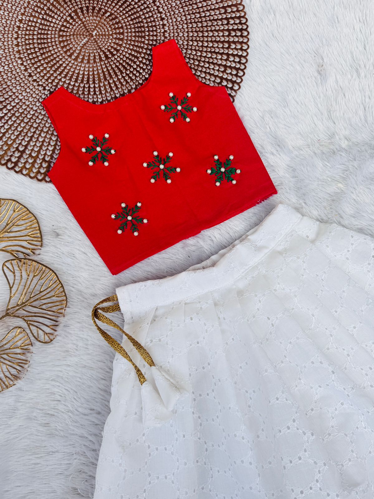 MERRY MINIMUSS- CP027-RED WHITE SNOW EMBROIDERED SKIRT SET