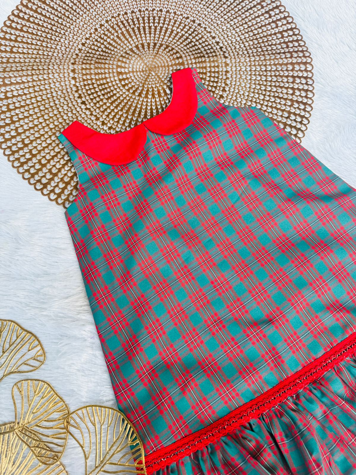 MERRY MINIMUSS- CP033-GREEN RED PETERPAN COLLAR CHECKS FROCK