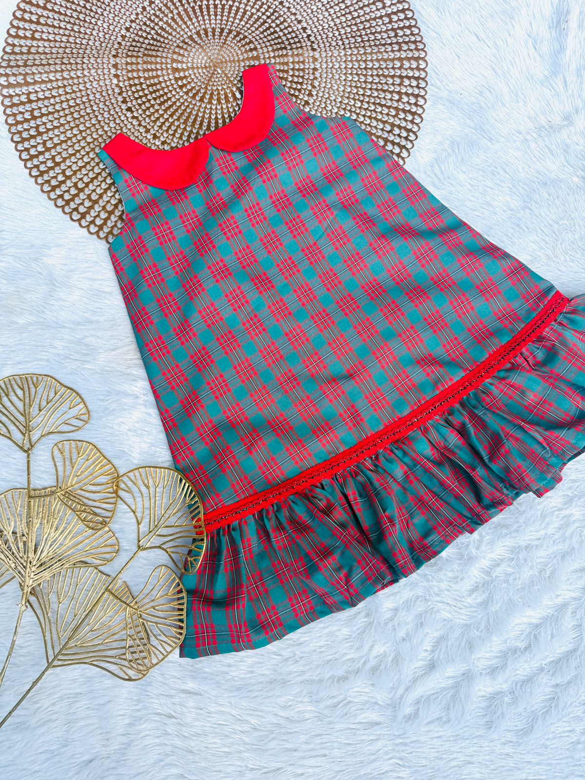 MERRY MINIMUSS- CP033-GREEN RED PETERPAN COLLAR CHECKS FROCK