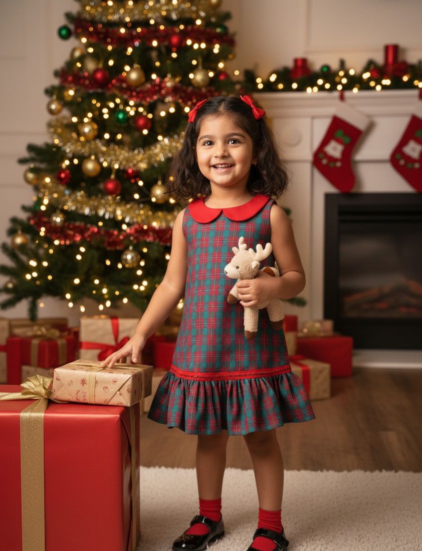 MERRY MINIMUSS- CP033-GREEN RED PETERPAN COLLAR CHECKS FROCK