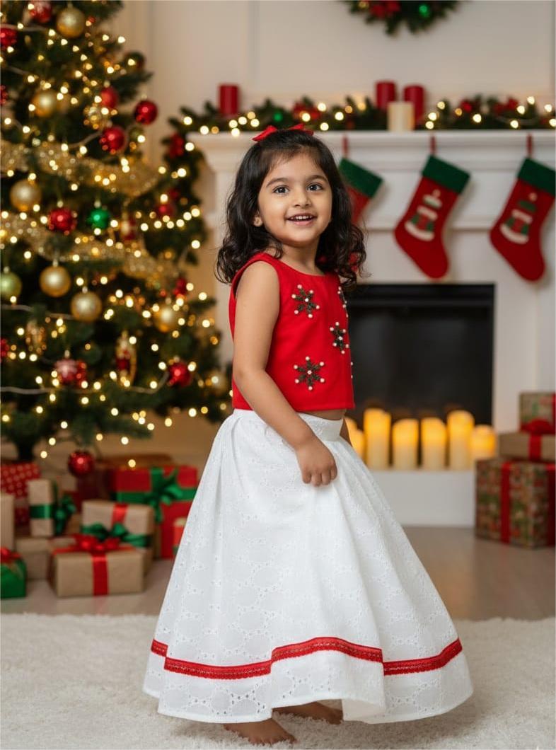 MERRY MINIMUSS- CP027-RED WHITE SNOW EMBROIDERED SKIRT SET