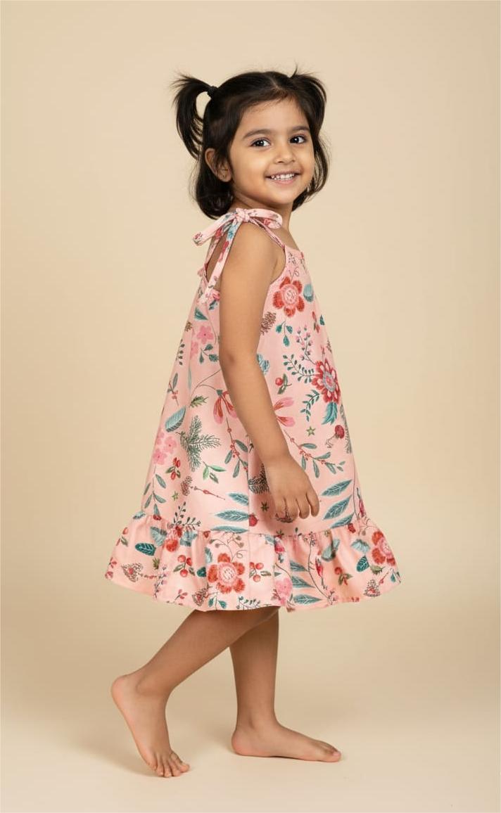 MINI GLOW- CP019 PEACH FLORAL KNOTTED FROCK