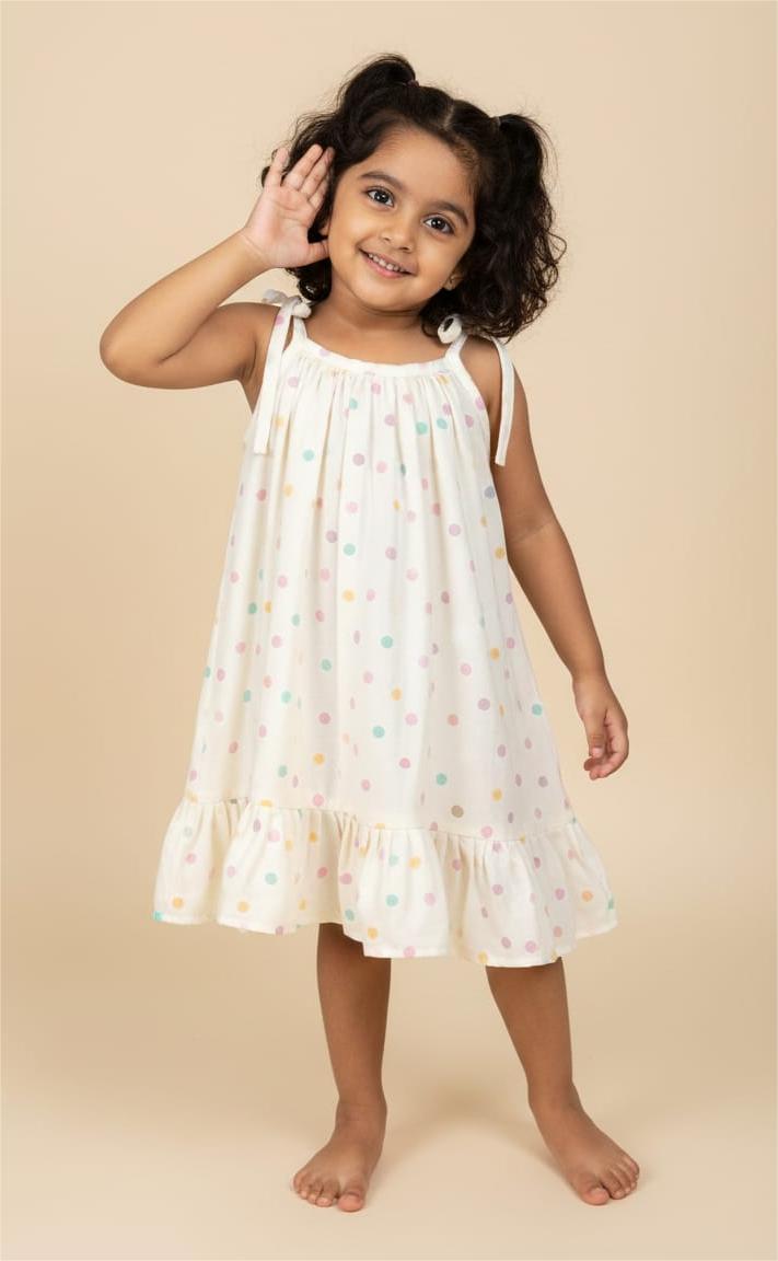 MINI GLOW- CP017 CREAM MULTI COLOR POLKA KNOTTED FROCK