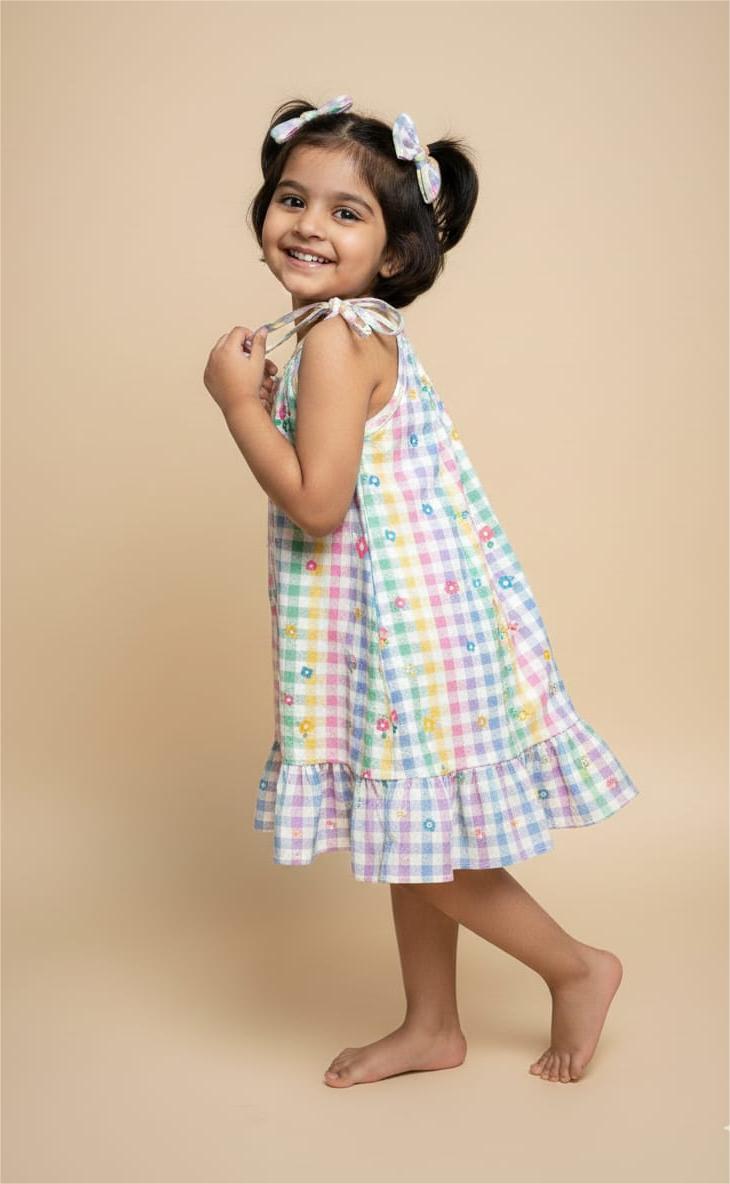 MINI GLOW- CP018 WHITE MULTI COLOR CHECKED KNOTTED FROCK